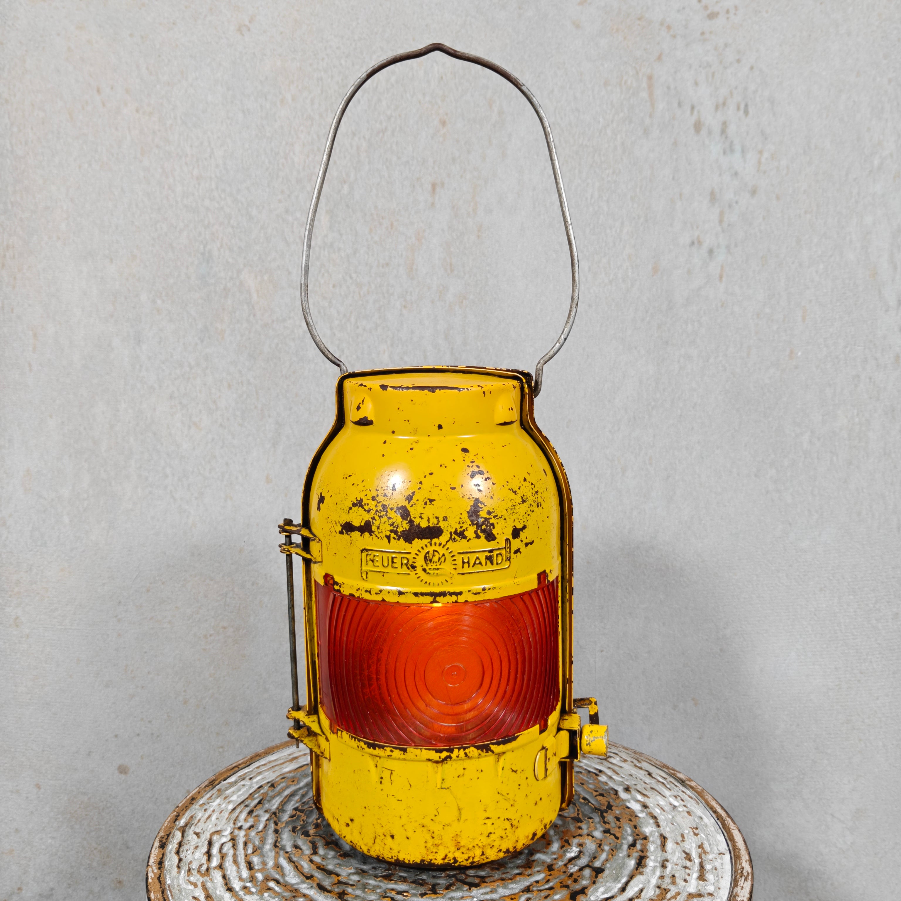 Rare Vintage Feuerhand Road Worker Lantern with Orange Globe Lens – 1950s Candle Safety Lamp