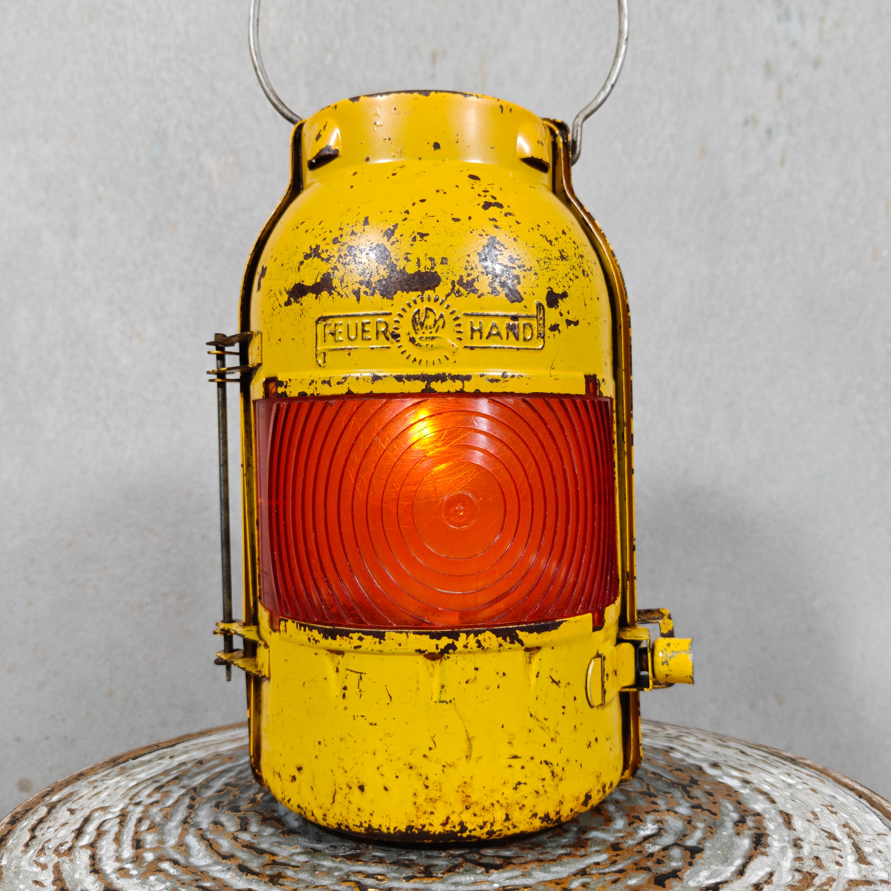 Rare Vintage Feuerhand Road Worker Lantern with Orange Globe Lens – 1950s Candle Safety Lamp