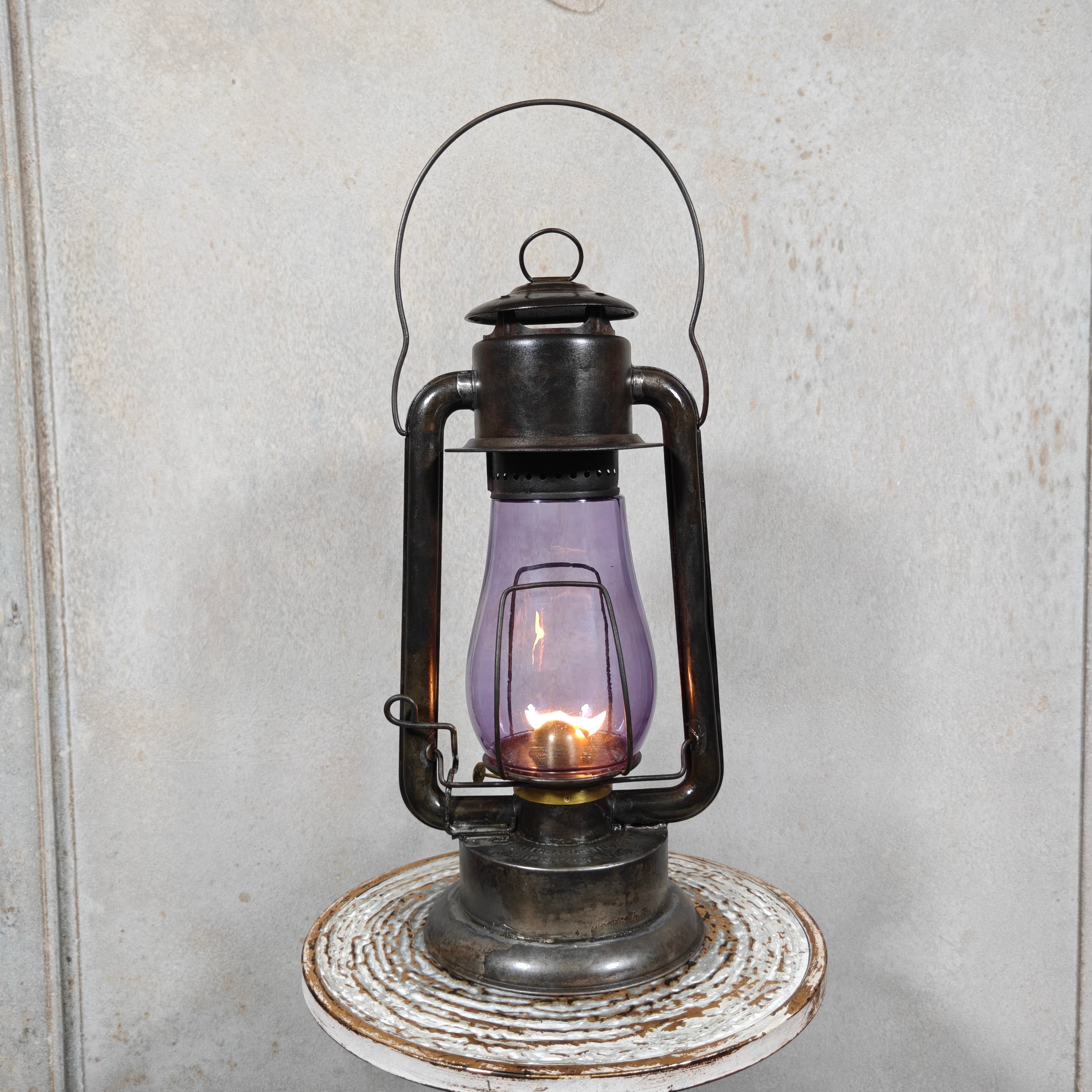 Rare XXL Prisco No. 2 Hurricane Lantern with Amethyst Glass – Antique American Oil Lantern circa 1910