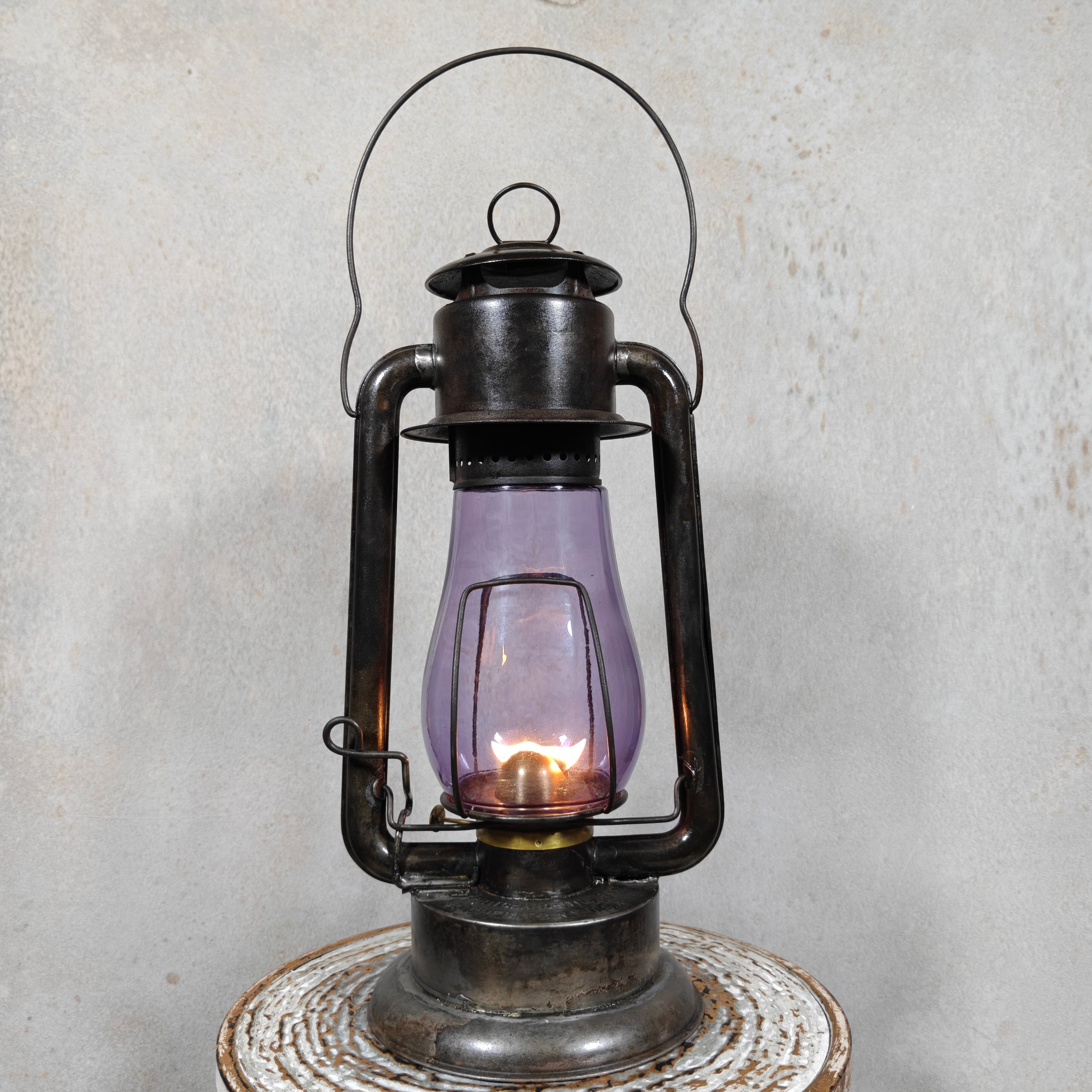 Rare XXL Prisco No. 2 Hurricane Lantern with Amethyst Glass – Antique American Oil Lantern circa 1910