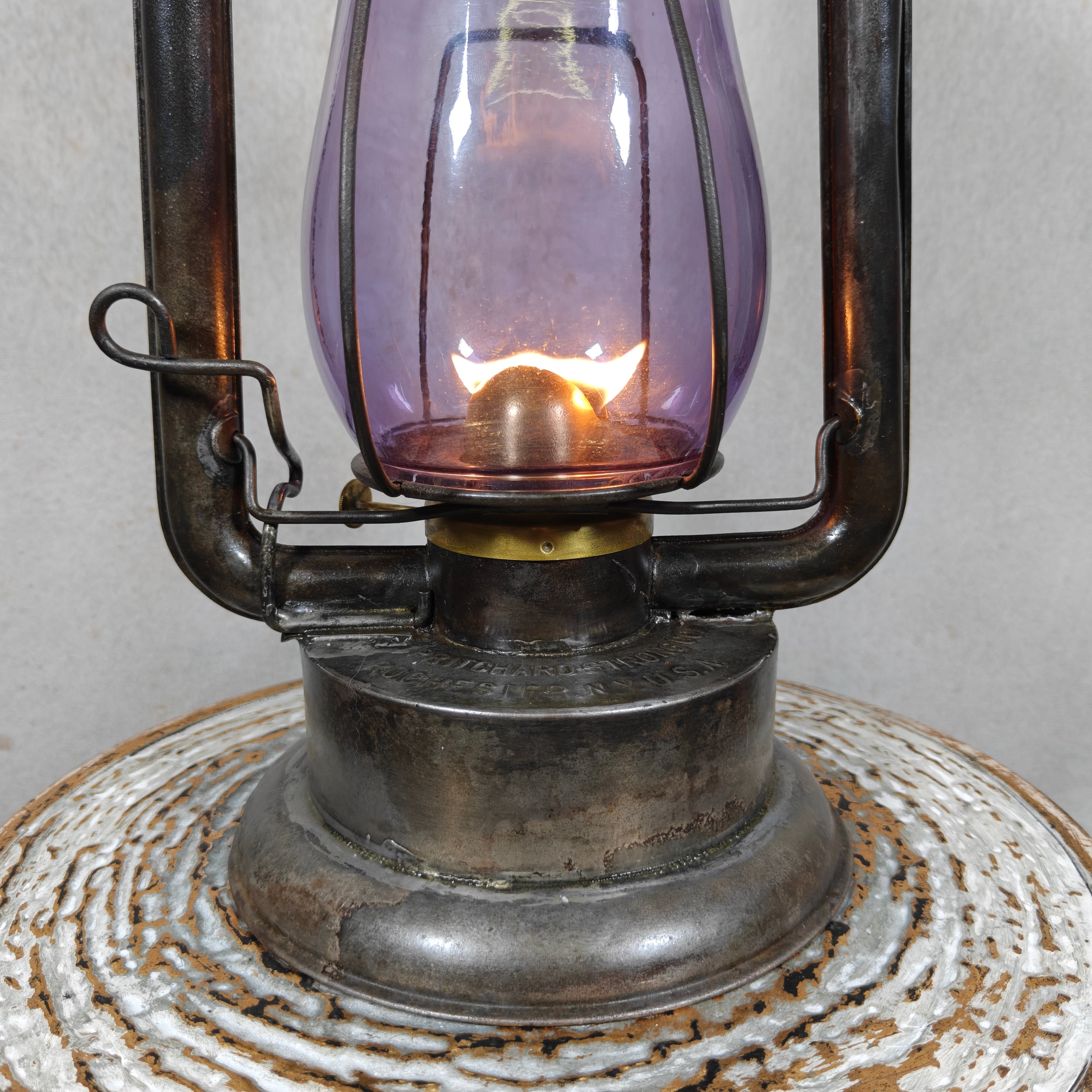 Rare XXL Prisco No. 2 Hurricane Lantern with Amethyst Glass – Antique American Oil Lantern circa 1910
