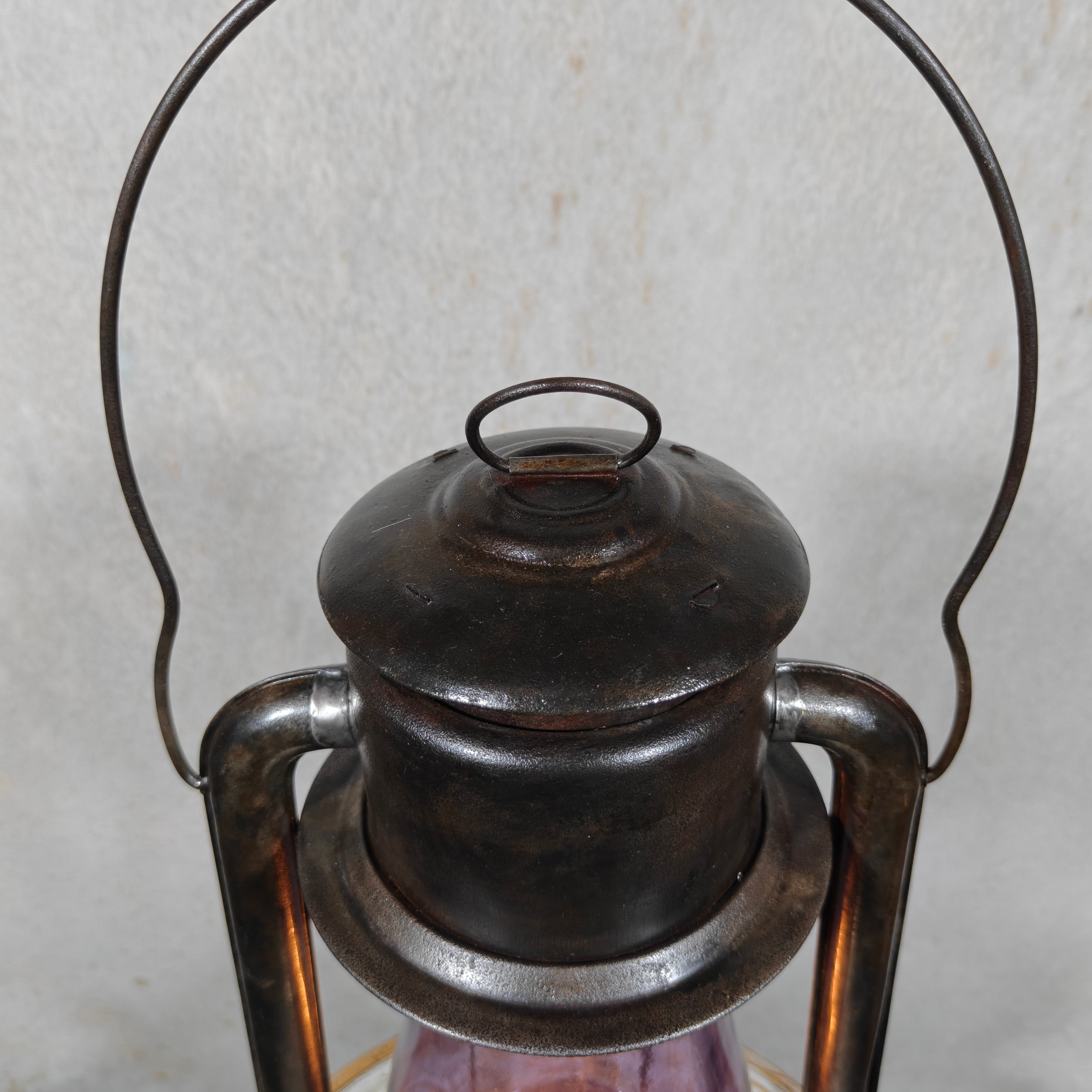 Rare XXL Prisco No. 2 Hurricane Lantern with Amethyst Glass – Antique American Oil Lantern circa 1910