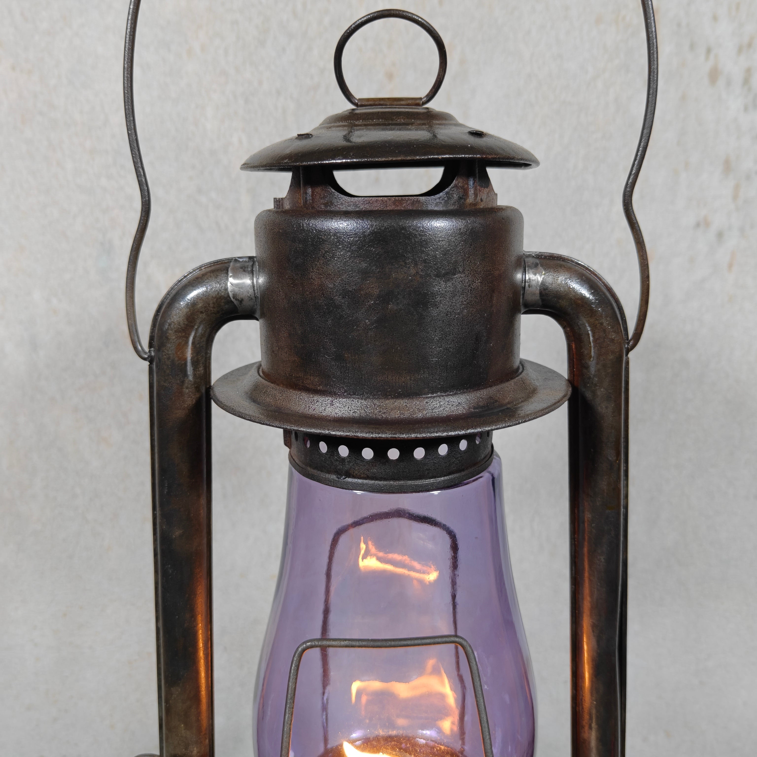 Rare XXL Prisco No. 2 Hurricane Lantern with Amethyst Glass – Antique American Oil Lantern circa 1910