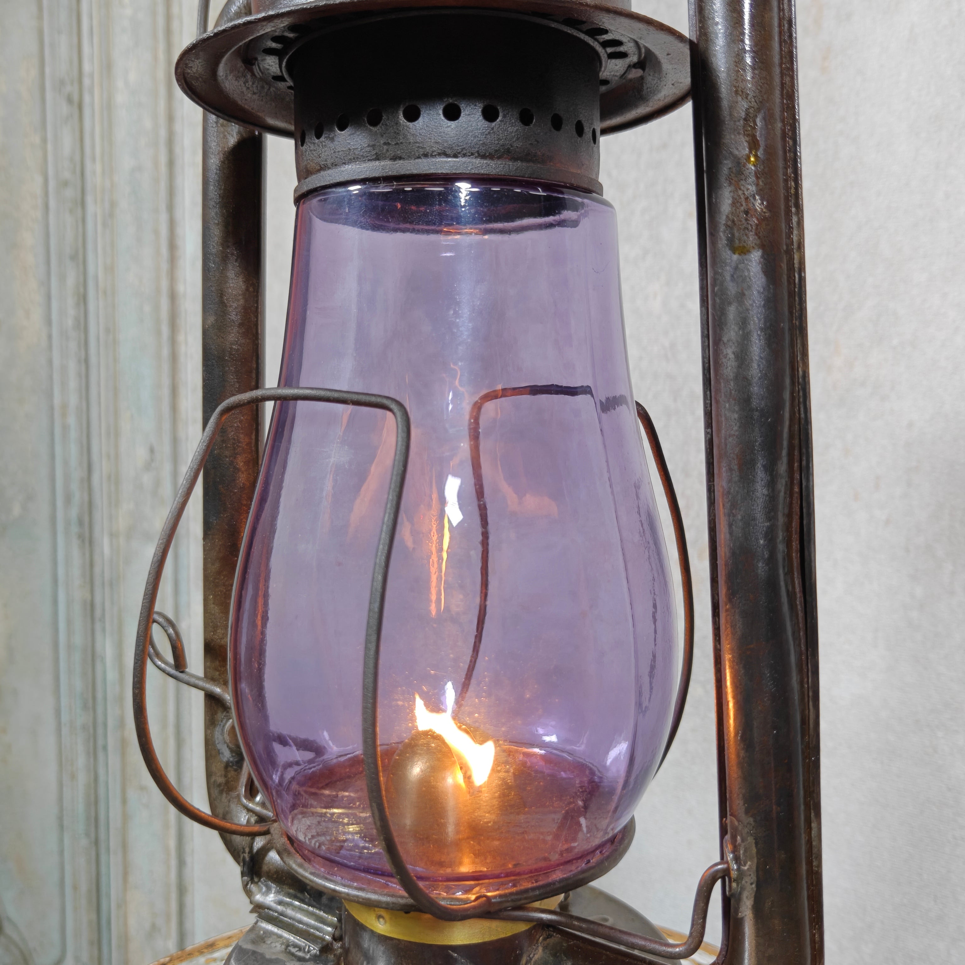 Rare XXL Prisco No. 2 Hurricane Lantern with Amethyst Glass – Antique American Oil Lantern circa 1910