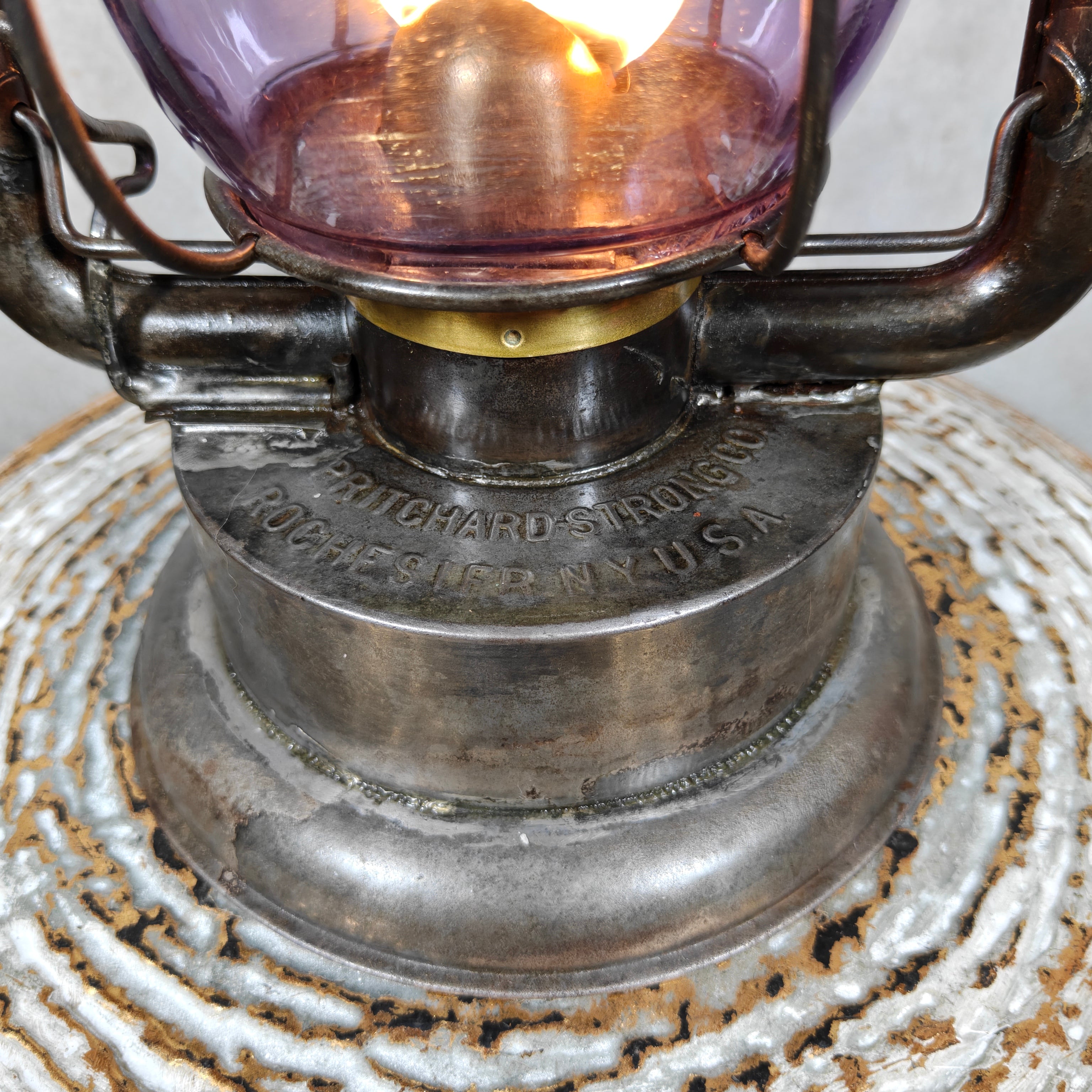 Rare XXL Prisco No. 2 Hurricane Lantern with Amethyst Glass – Antique American Oil Lantern circa 1910
