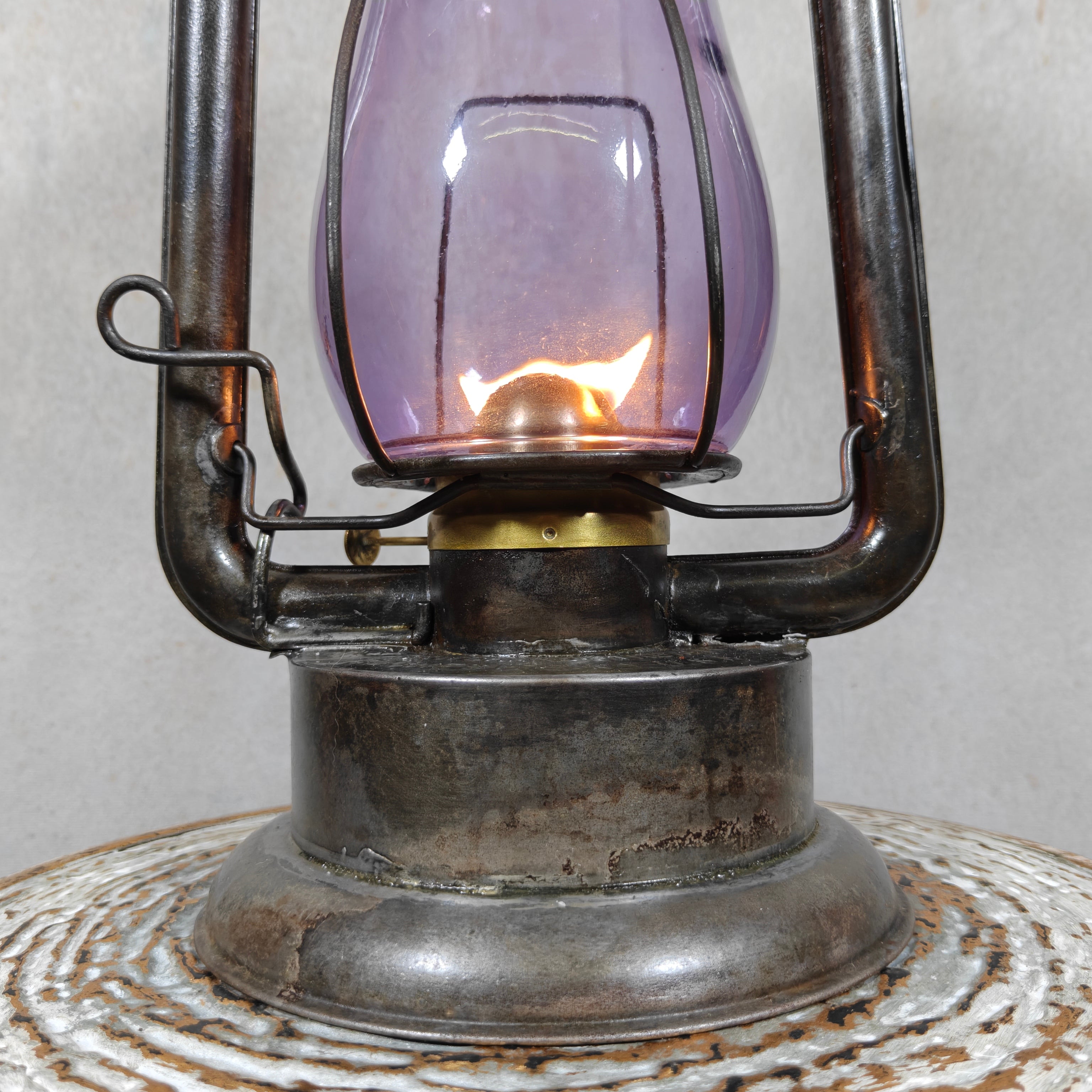 Rare XXL Prisco No. 2 Hurricane Lantern with Amethyst Glass – Antique American Oil Lantern circa 1910