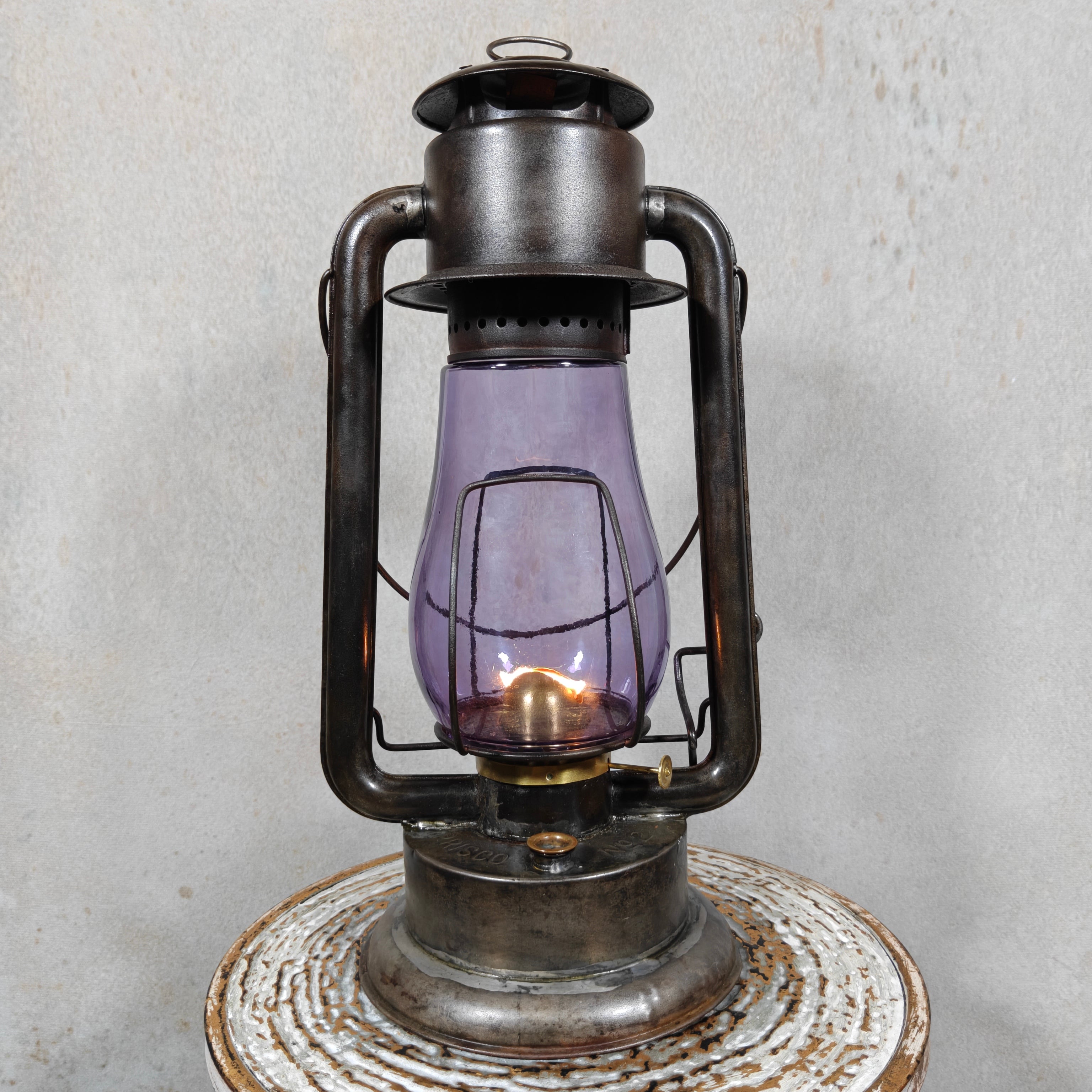 Rare XXL Prisco No. 2 Hurricane Lantern with Amethyst Glass – Antique American Oil Lantern circa 1910
