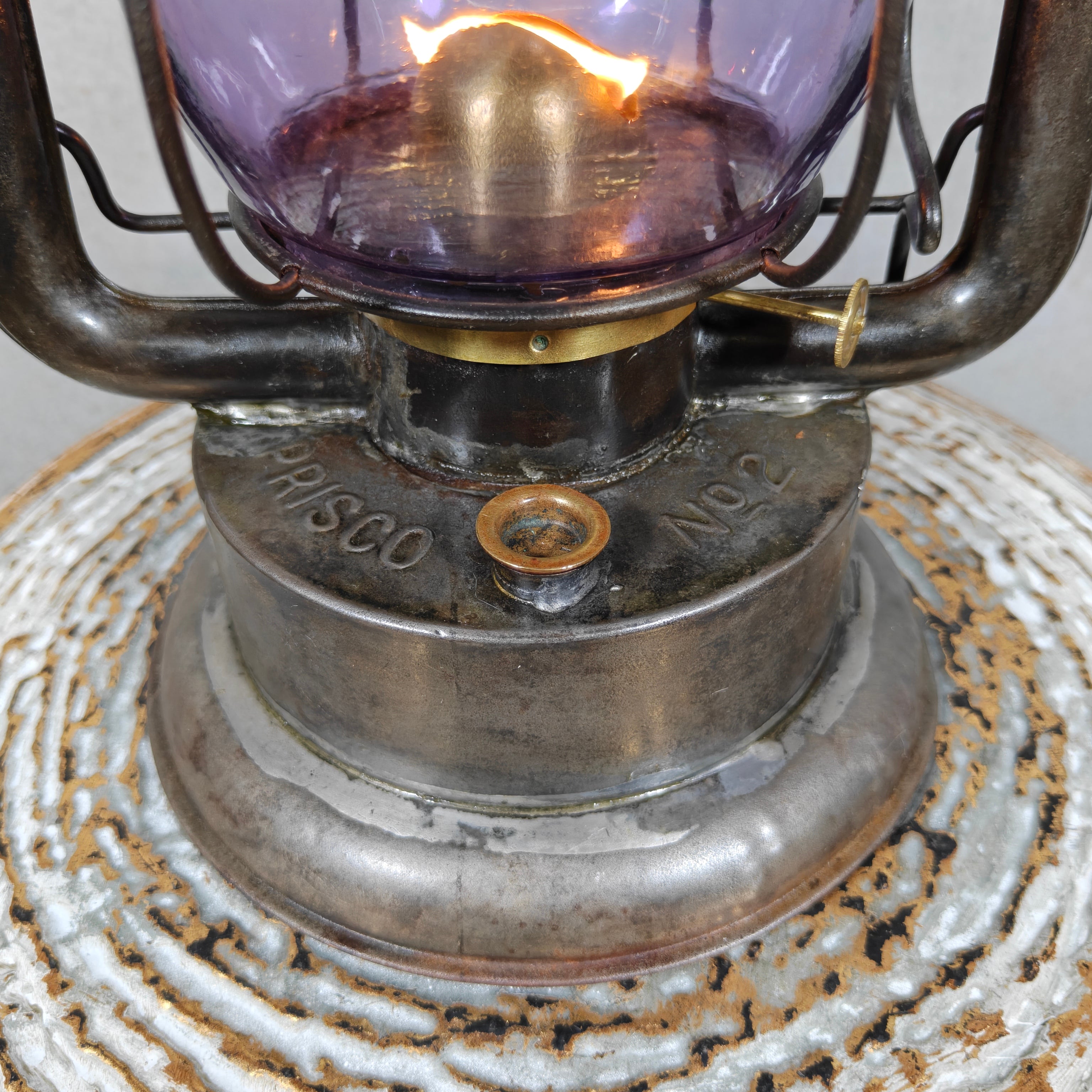 Rare XXL Prisco No. 2 Hurricane Lantern with Amethyst Glass – Antique American Oil Lantern circa 1910