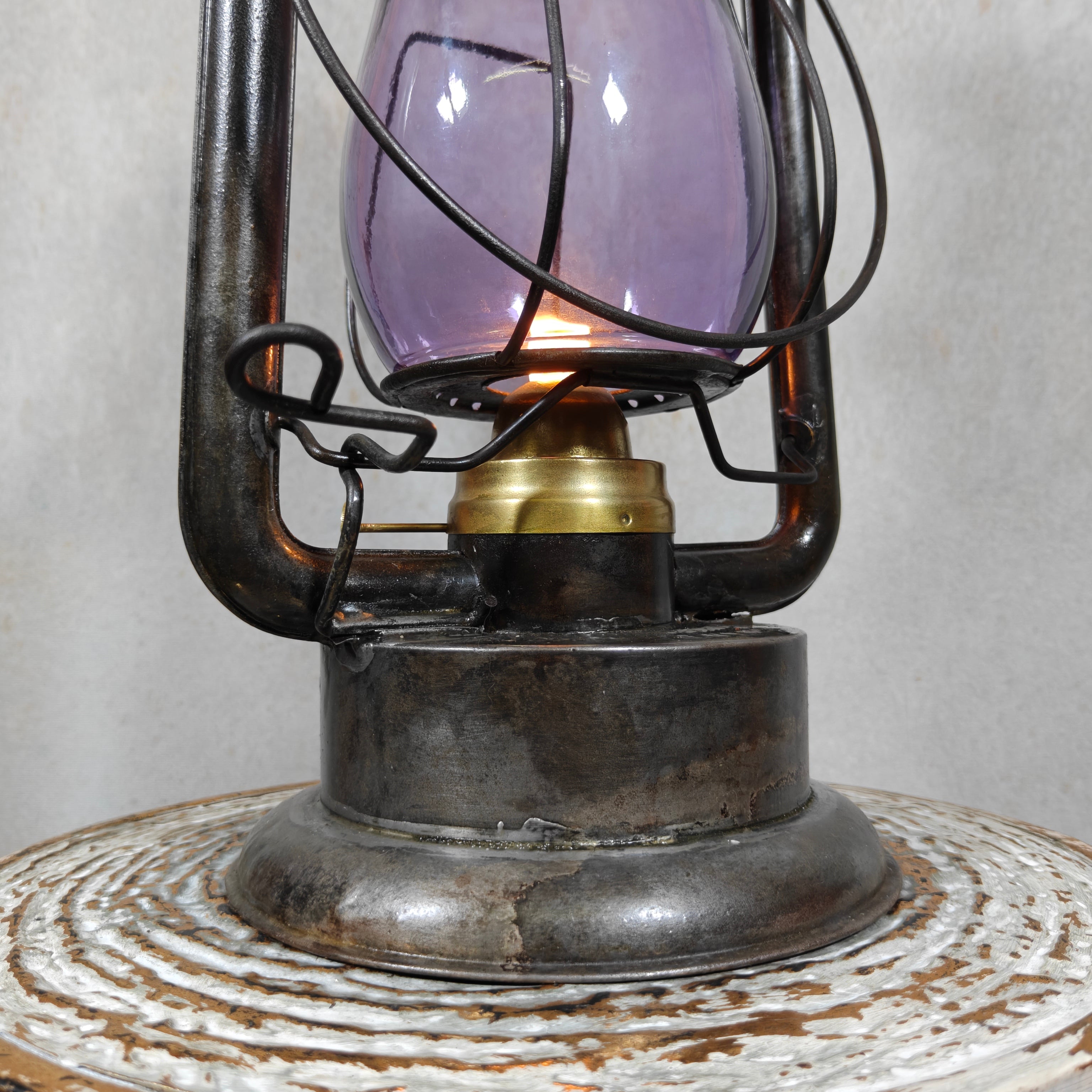 Rare XXL Prisco No. 2 Hurricane Lantern with Amethyst Glass – Antique American Oil Lantern circa 1910
