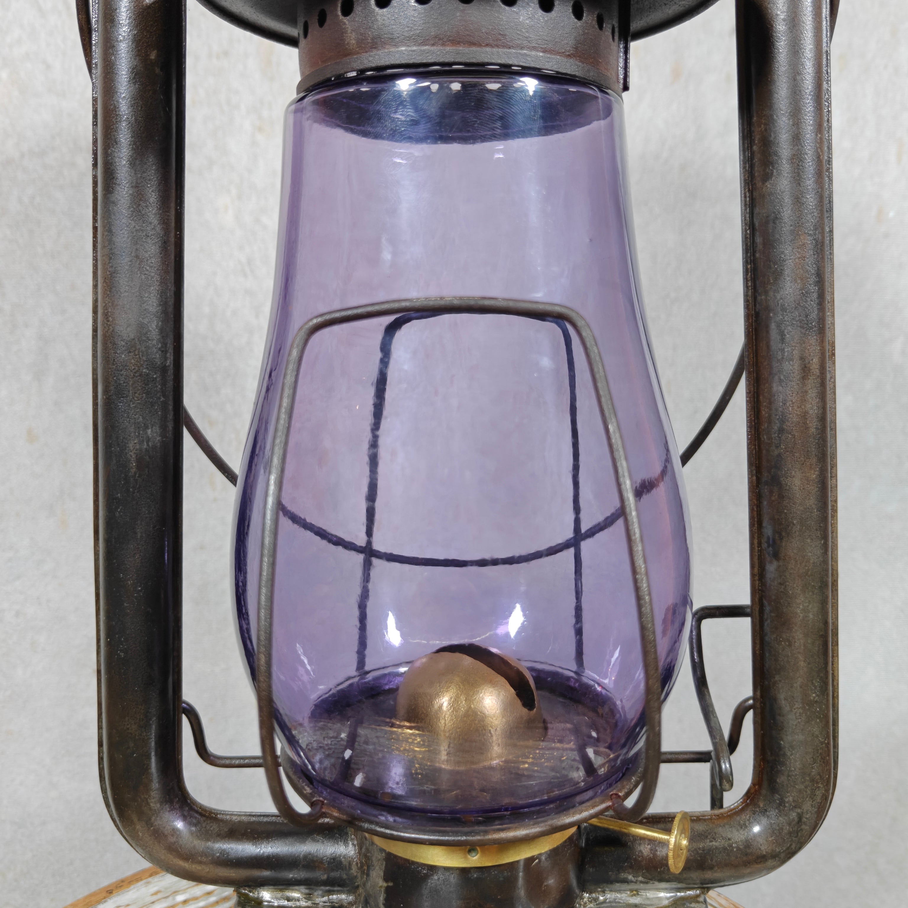 Rare XXL Prisco No. 2 Hurricane Lantern with Amethyst Glass – Antique American Oil Lantern circa 1910