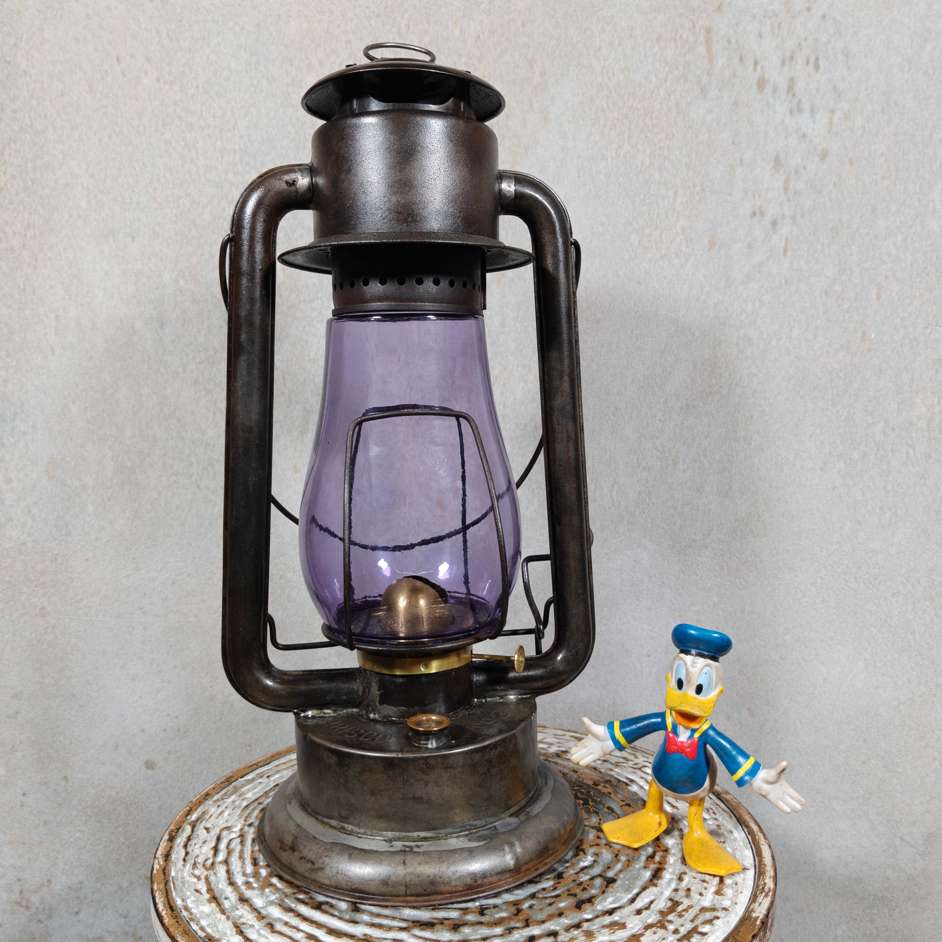 Rare XXL Prisco No. 2 Hurricane Lantern with Amethyst Glass – Antique American Oil Lantern circa 1910