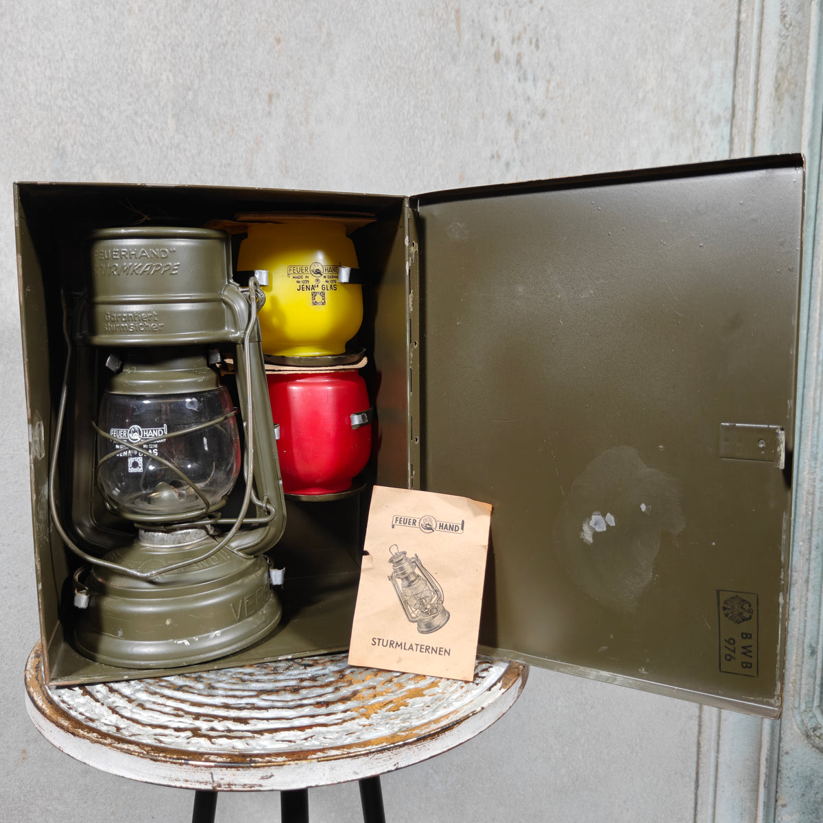 Vintage Military Feuerhand 276 Baby Special Hurricane Lantern Set with Bundeswehr Case & Signal Glasses