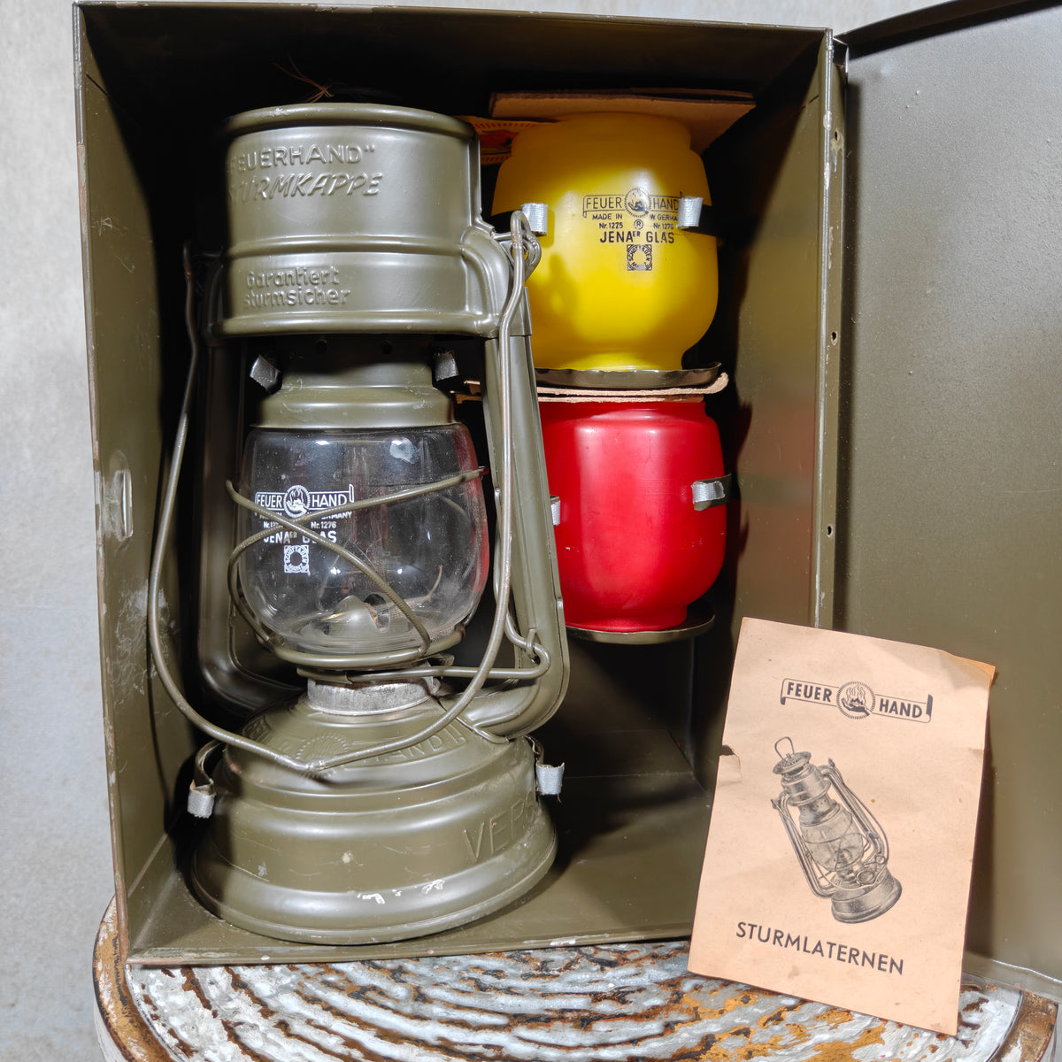 Vintage Military Feuerhand 276 Baby Special Hurricane Lantern Set with Bundeswehr Case & Signal Glasses
