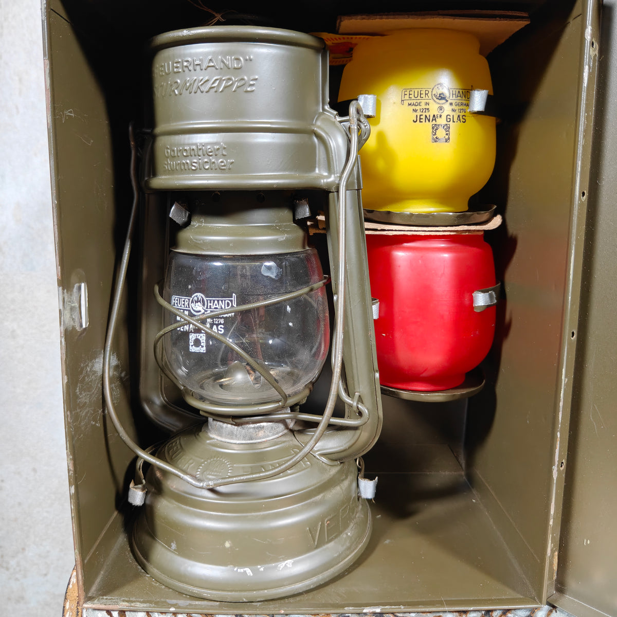 Vintage Military Feuerhand 276 Baby Special Hurricane Lantern Set with Bundeswehr Case & Signal Glasses
