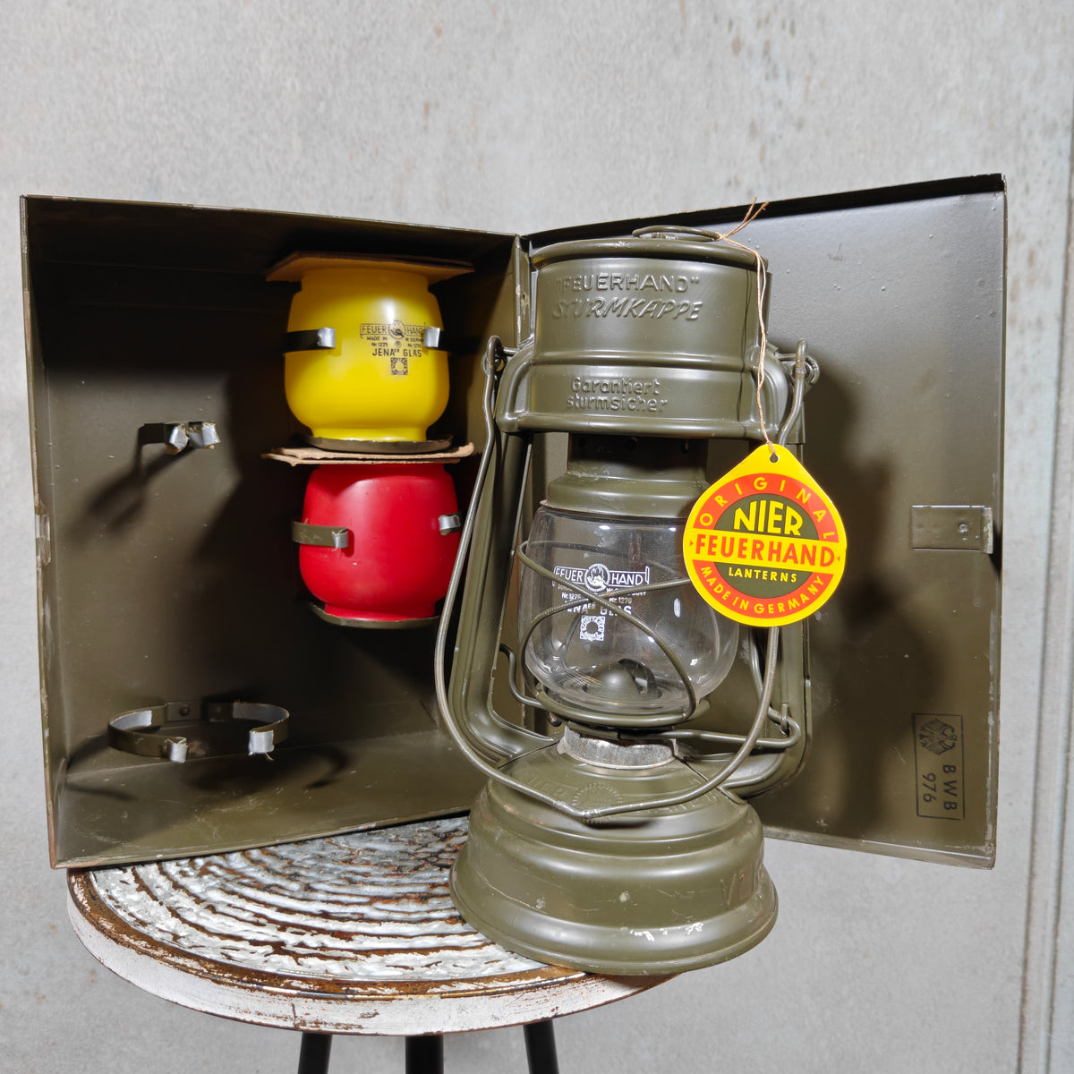 Vintage Military Feuerhand 276 Baby Special Hurricane Lantern Set with Bundeswehr Case & Signal Glasses