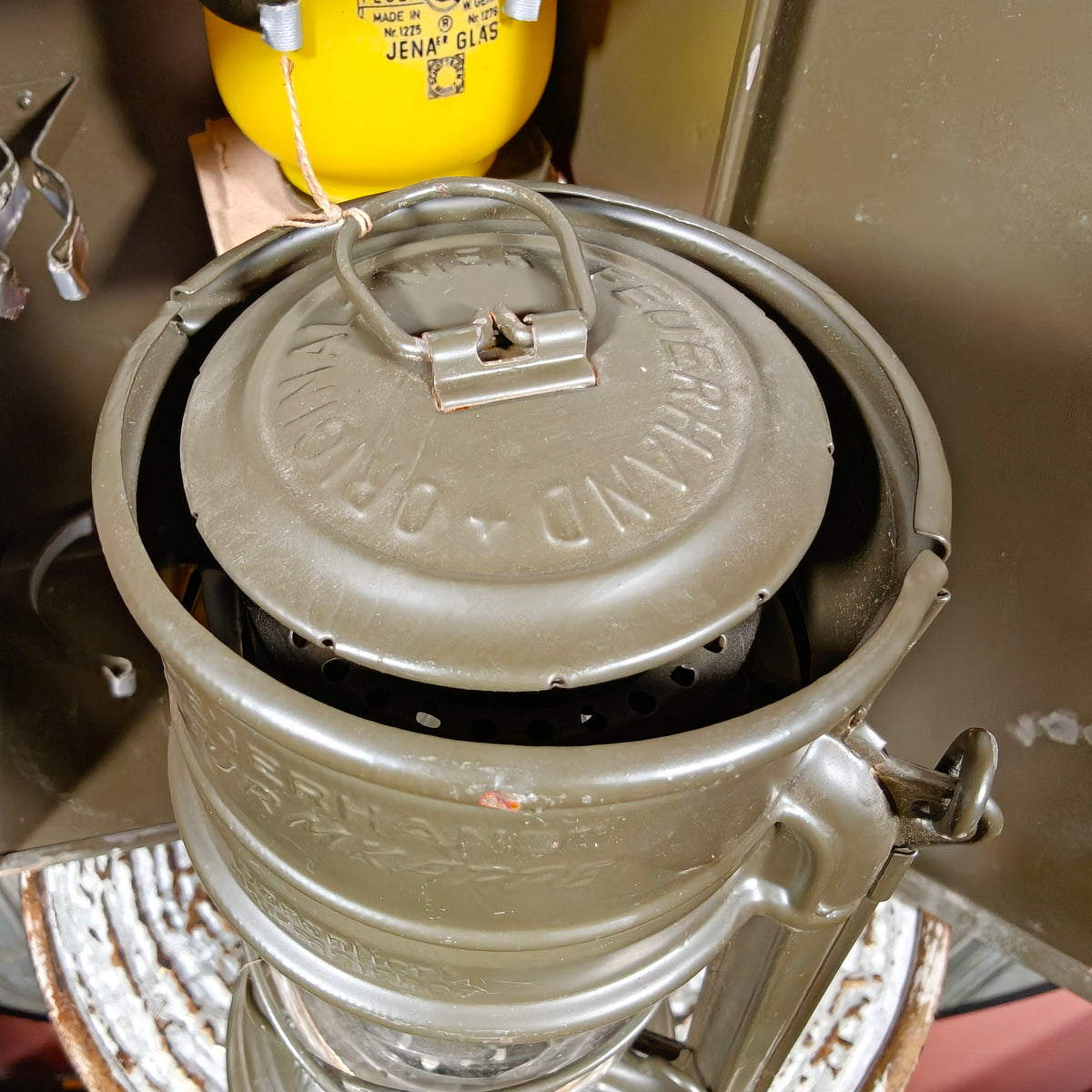 Vintage Military Feuerhand 276 Baby Special Hurricane Lantern Set with Bundeswehr Case & Signal Glasses