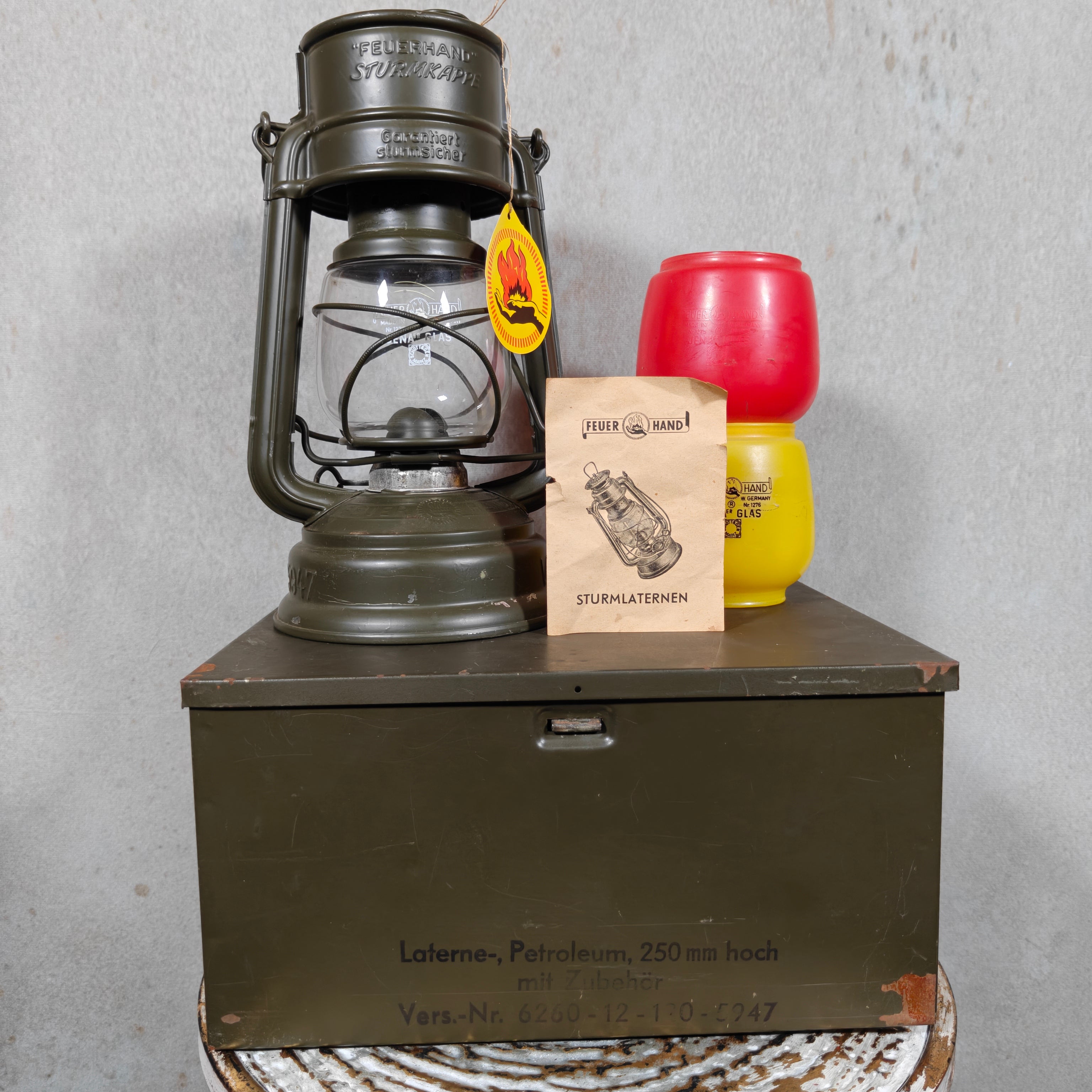 Vintage Military Feuerhand 276 Baby Special Hurricane Lantern Set with Bundeswehr Case & Signal Glasses