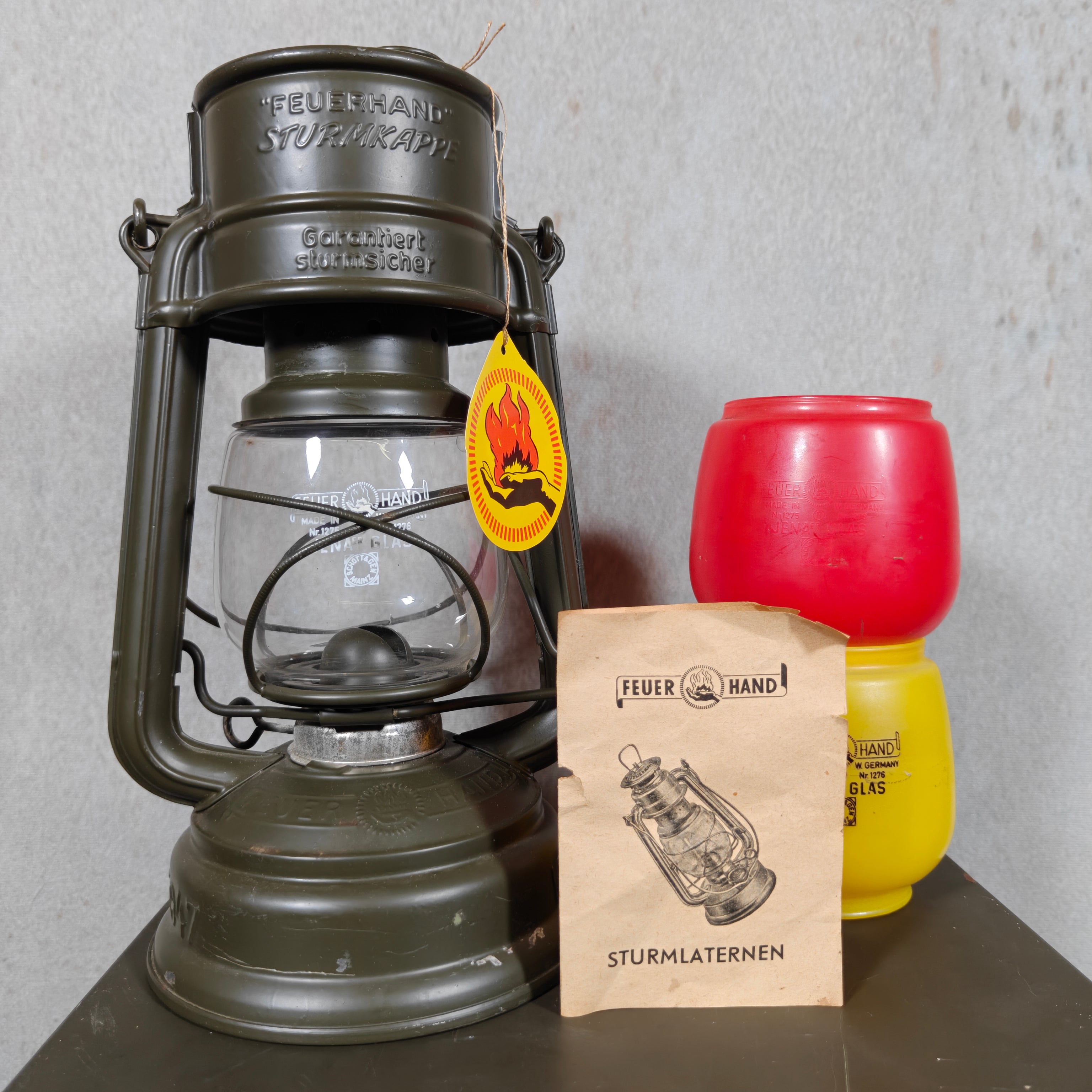 Vintage Military Feuerhand 276 Baby Special Hurricane Lantern Set with Bundeswehr Case & Signal Glasses
