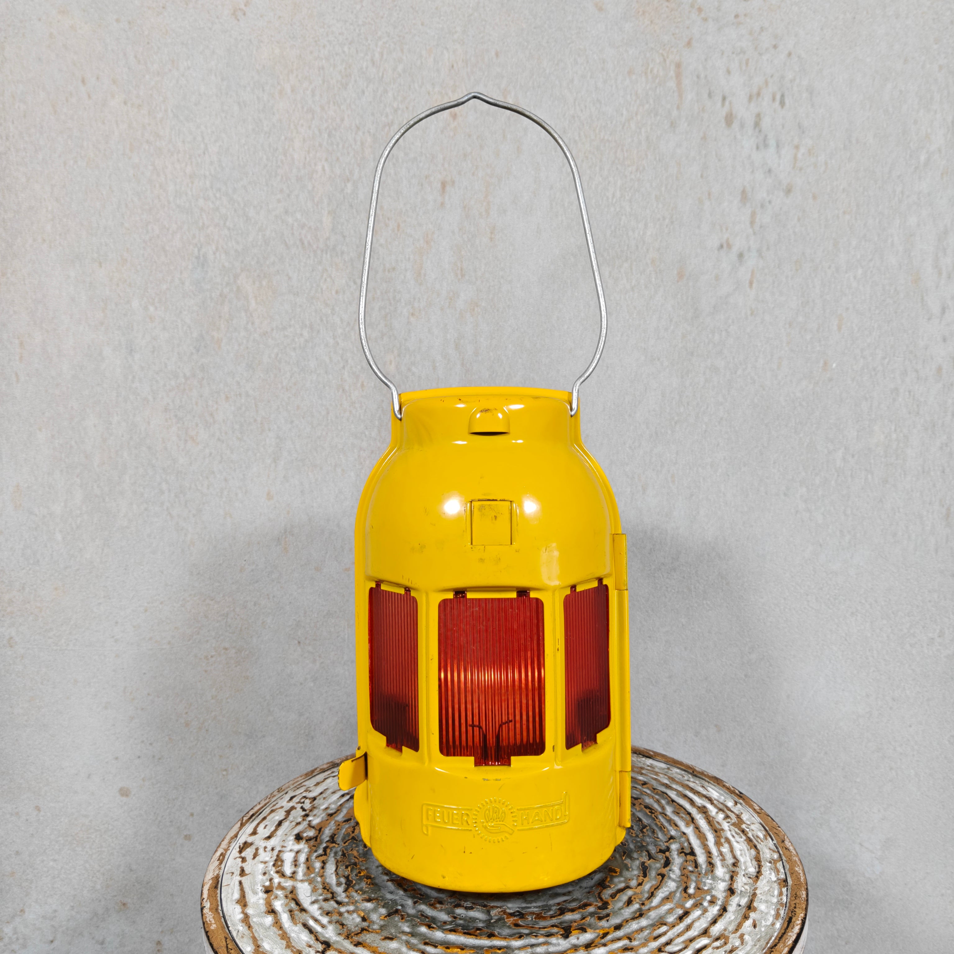 NOS Vintage Feuerhand Road Worker Lantern – Yellow Candle Safety Lantern with Orange Lenses