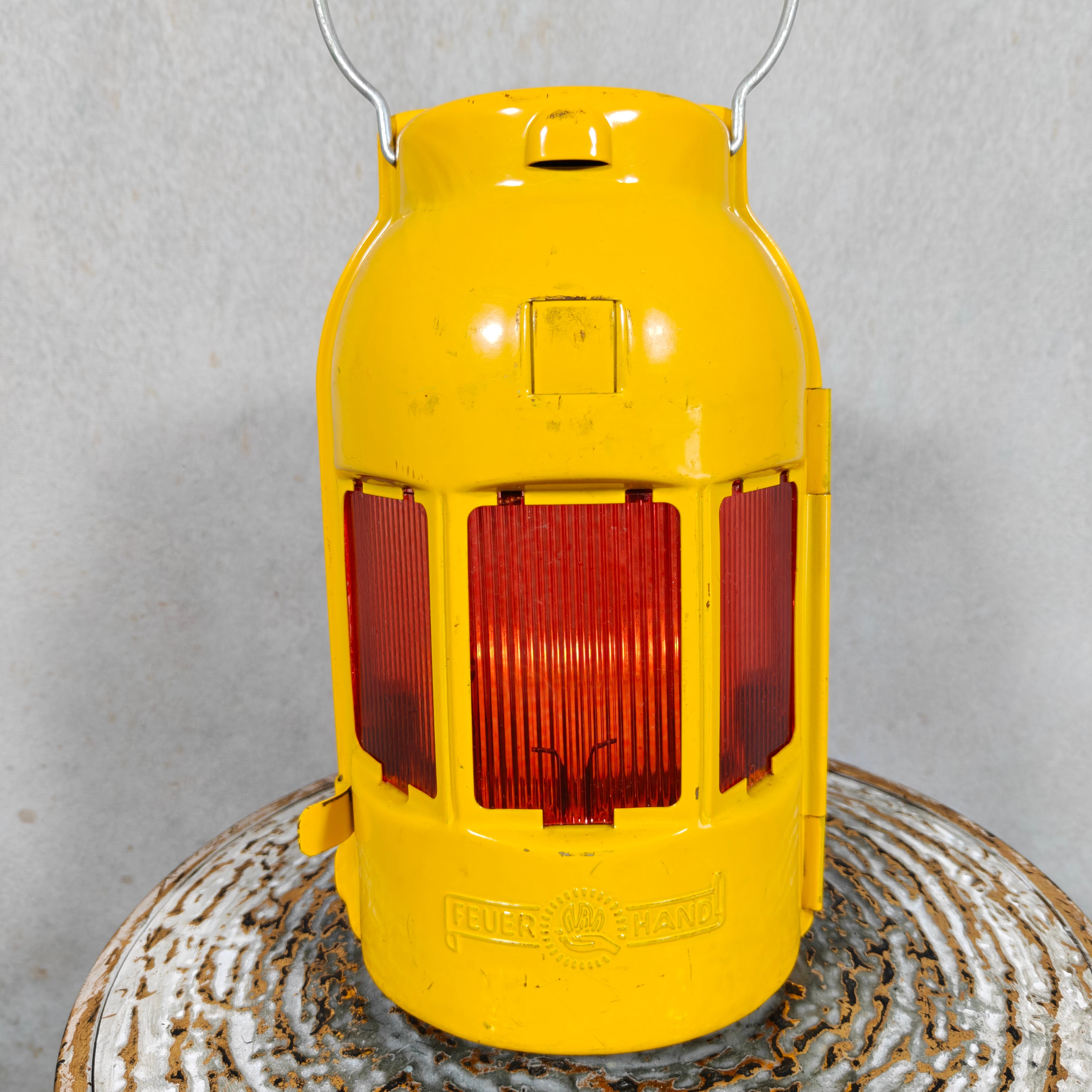 NOS Vintage Feuerhand Road Worker Lantern – Yellow Candle Safety Lantern with Orange Lenses