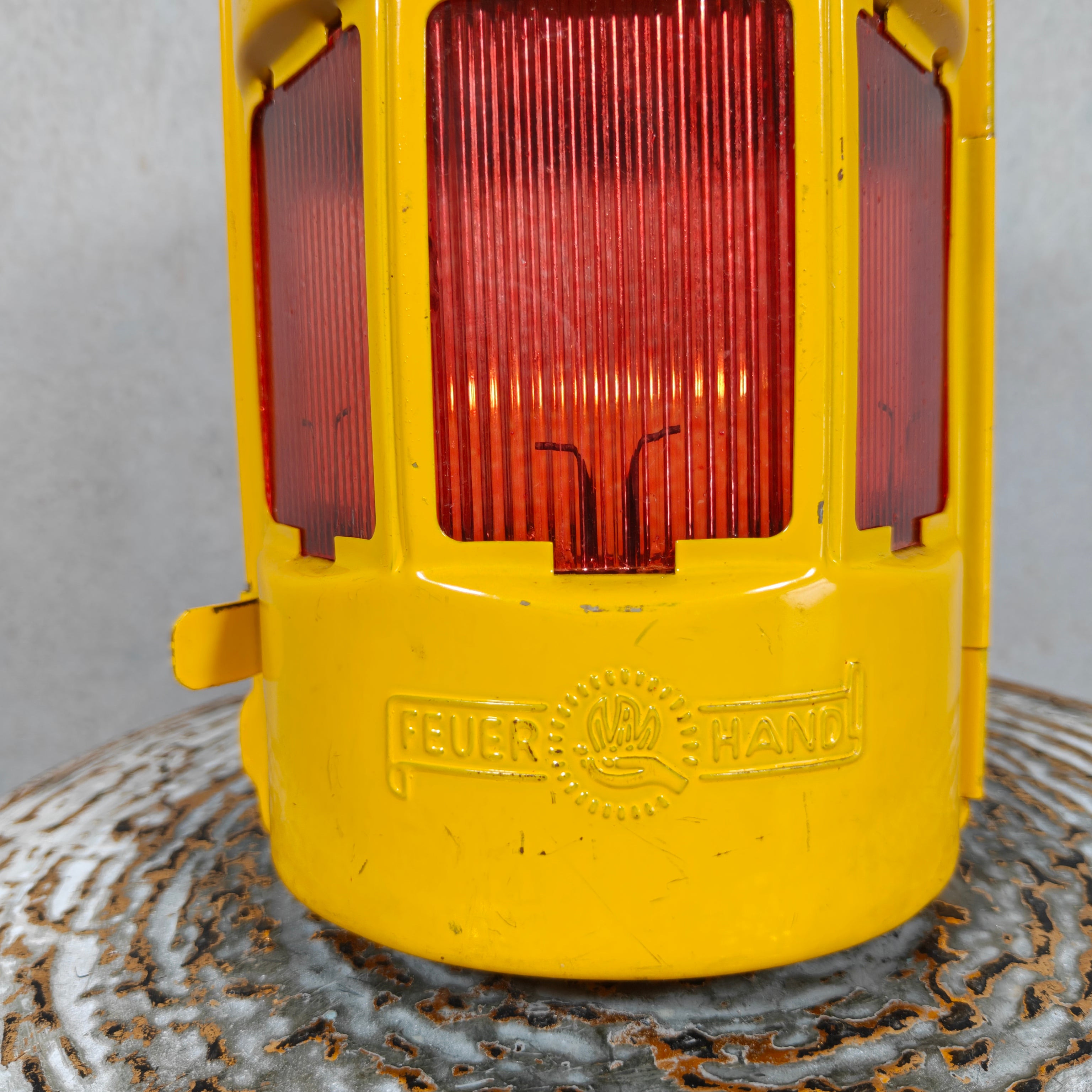 NOS Vintage Feuerhand Road Worker Lantern – Yellow Candle Safety Lantern with Orange Lenses