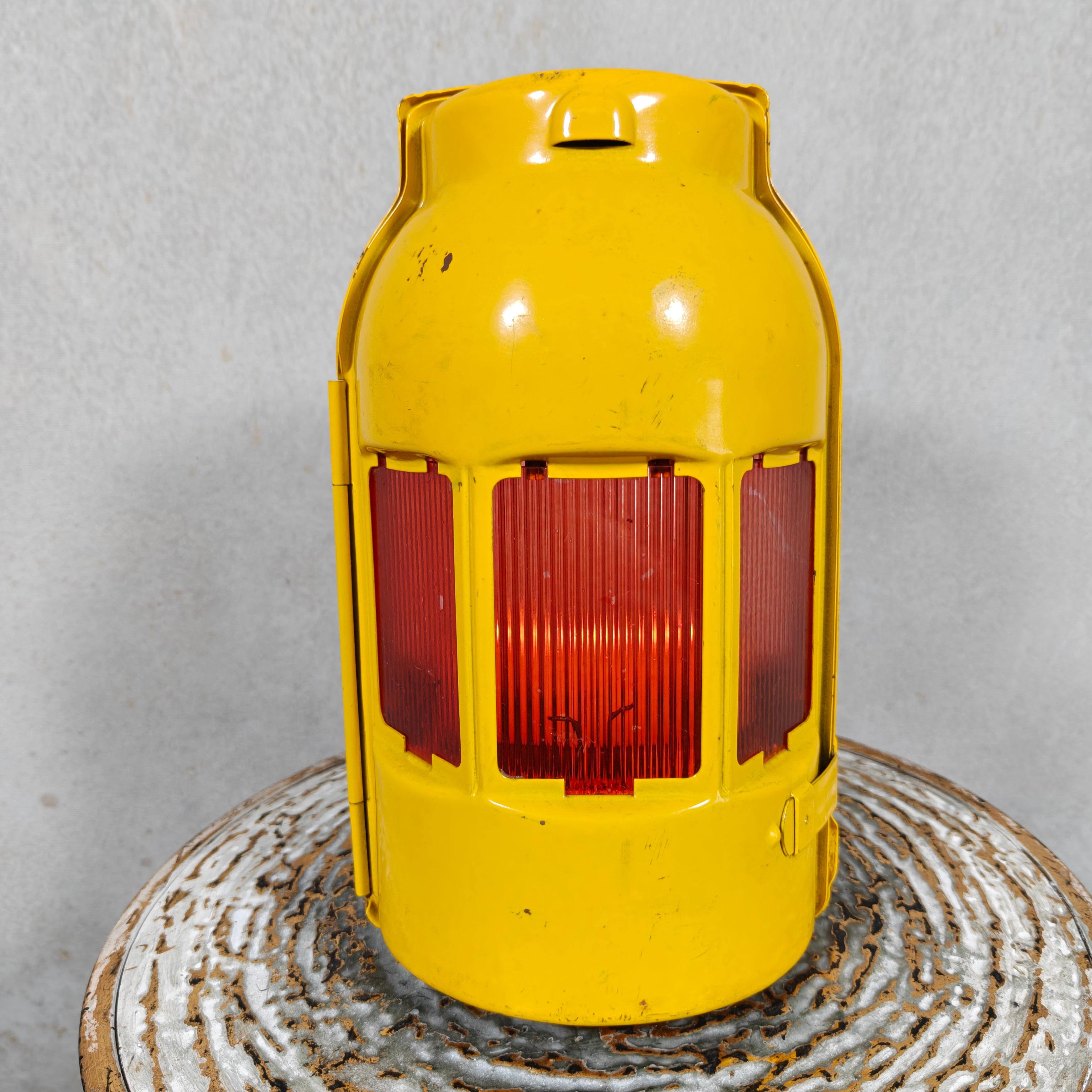 NOS Vintage Feuerhand Road Worker Lantern – Yellow Candle Safety Lantern with Orange Lenses