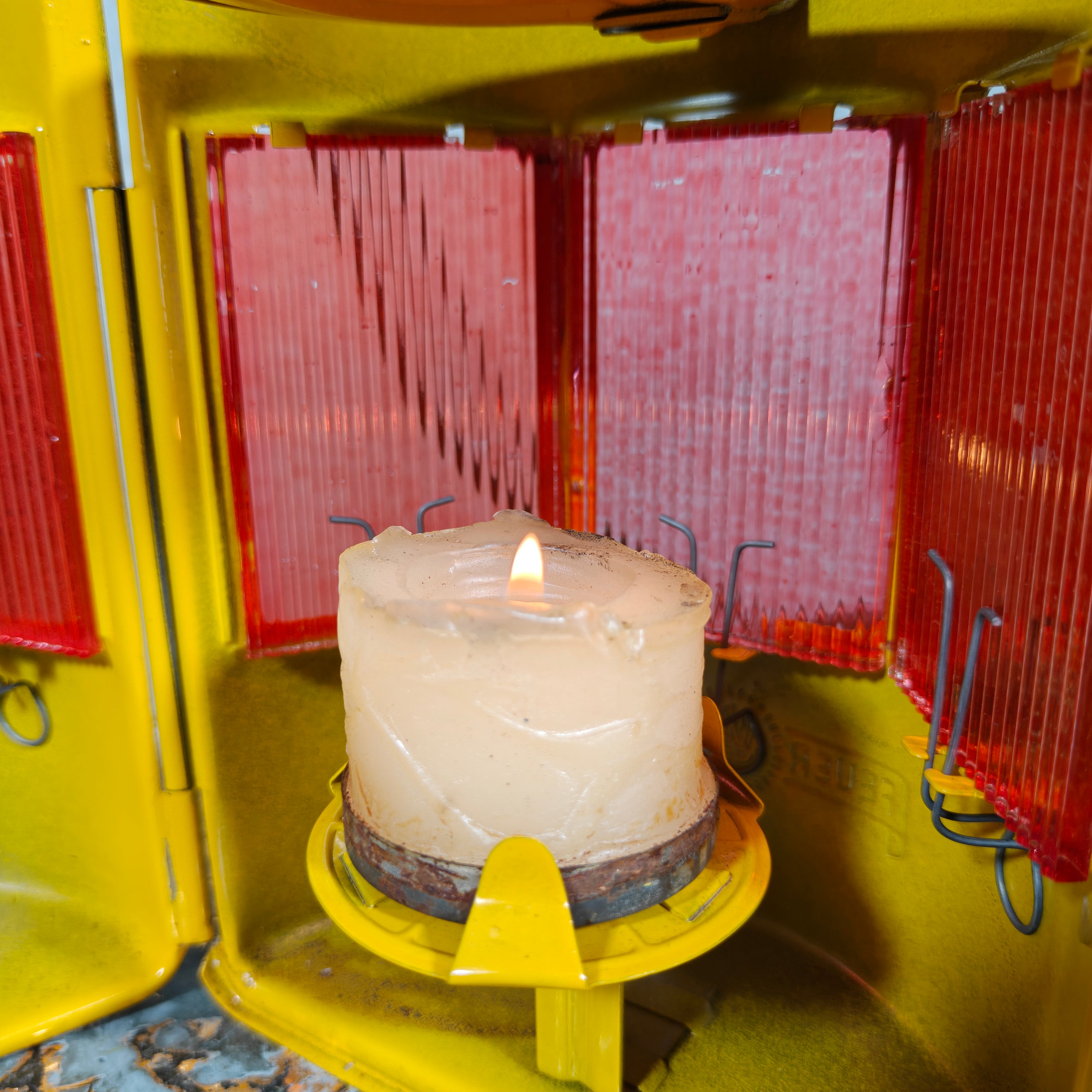 NOS Vintage Feuerhand Road Worker Lantern – Yellow Candle Safety Lantern with Orange Lenses