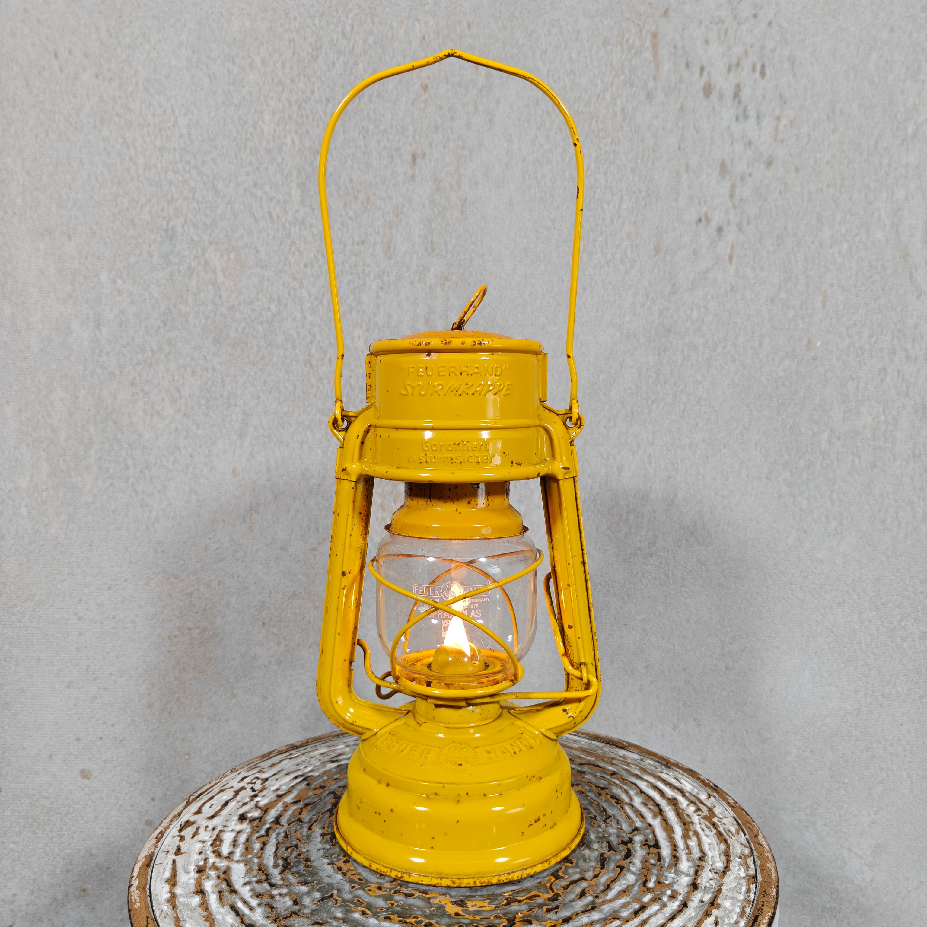 Vintage Yellow Feuerhand Baby 276 Hurricane Lantern – West Germany Roadwork Safety Lantern