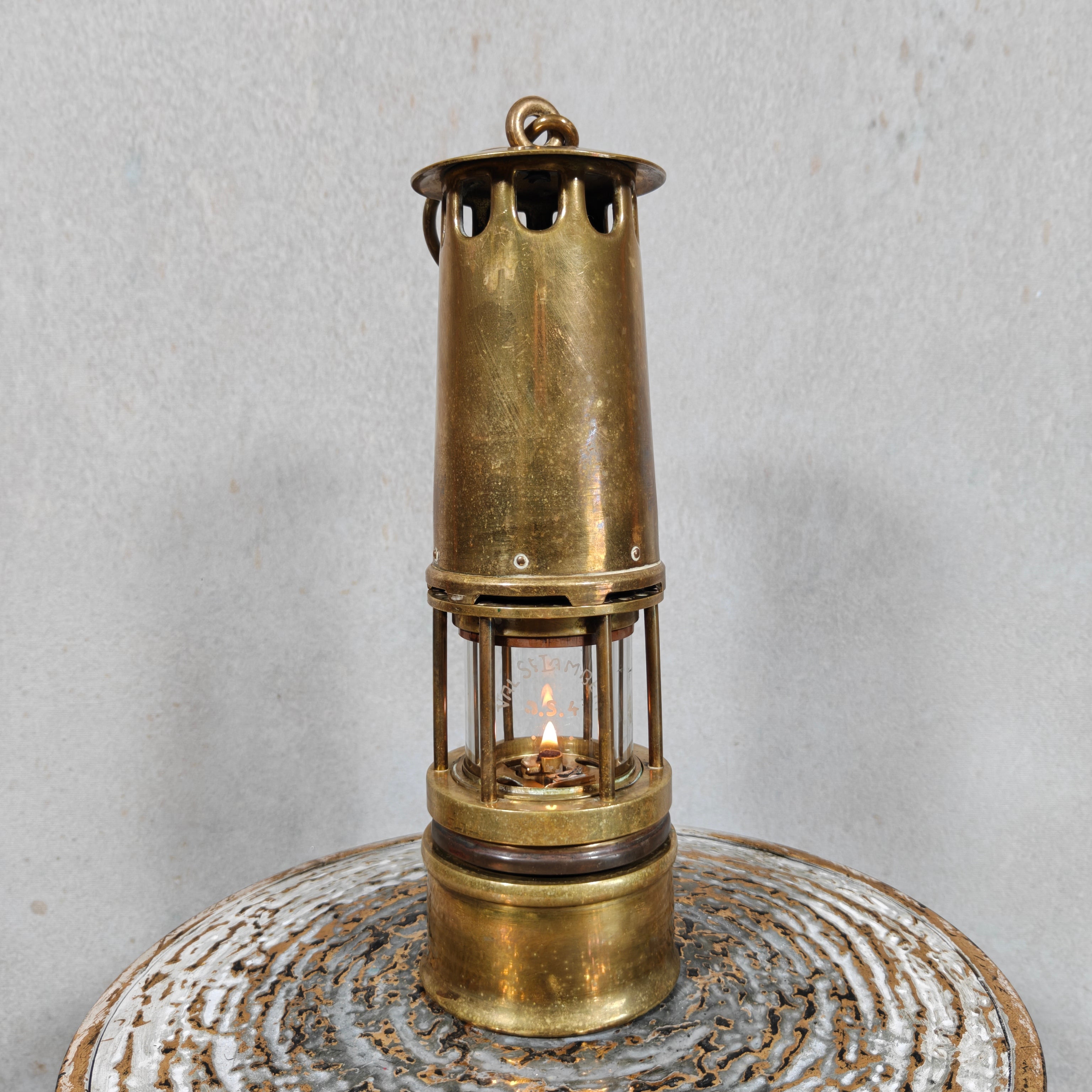 Vintage Belgian Miner’s Lamp by Hubert Joris with Val Saint Lambert Glass – Master Miner Oil Lamp