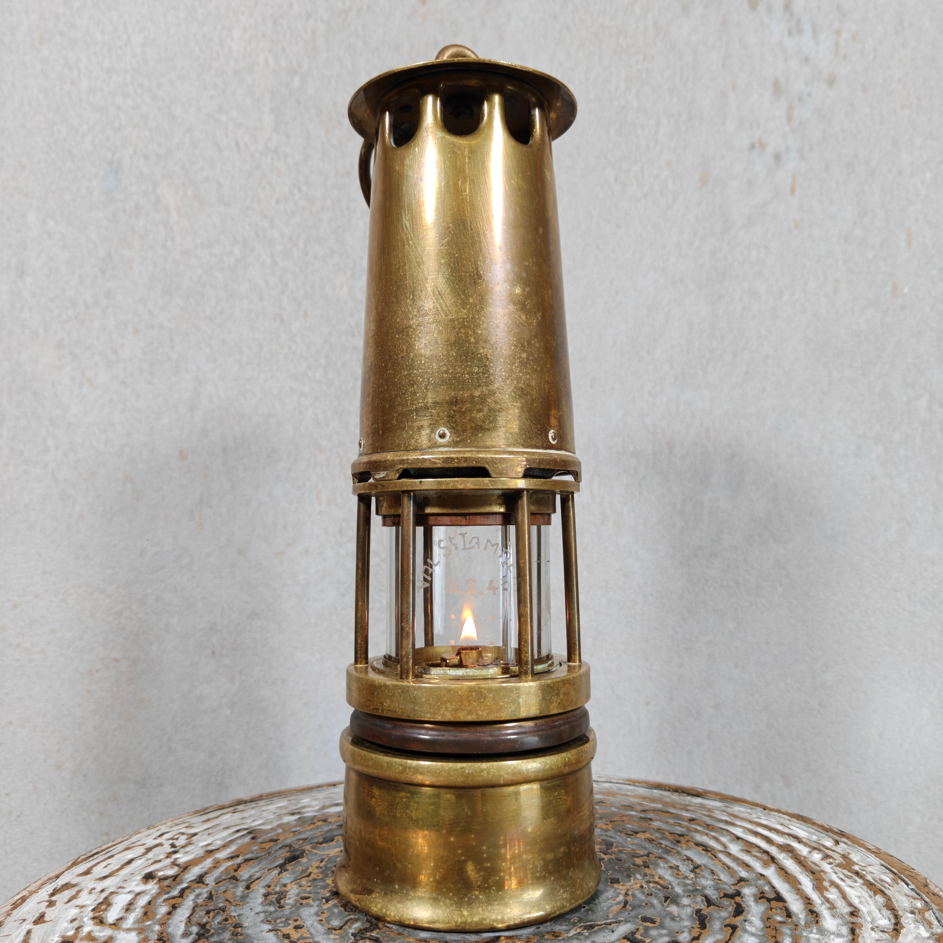 Vintage Belgian Miner’s Lamp by Hubert Joris with Val Saint Lambert Glass – Master Miner Oil Lamp