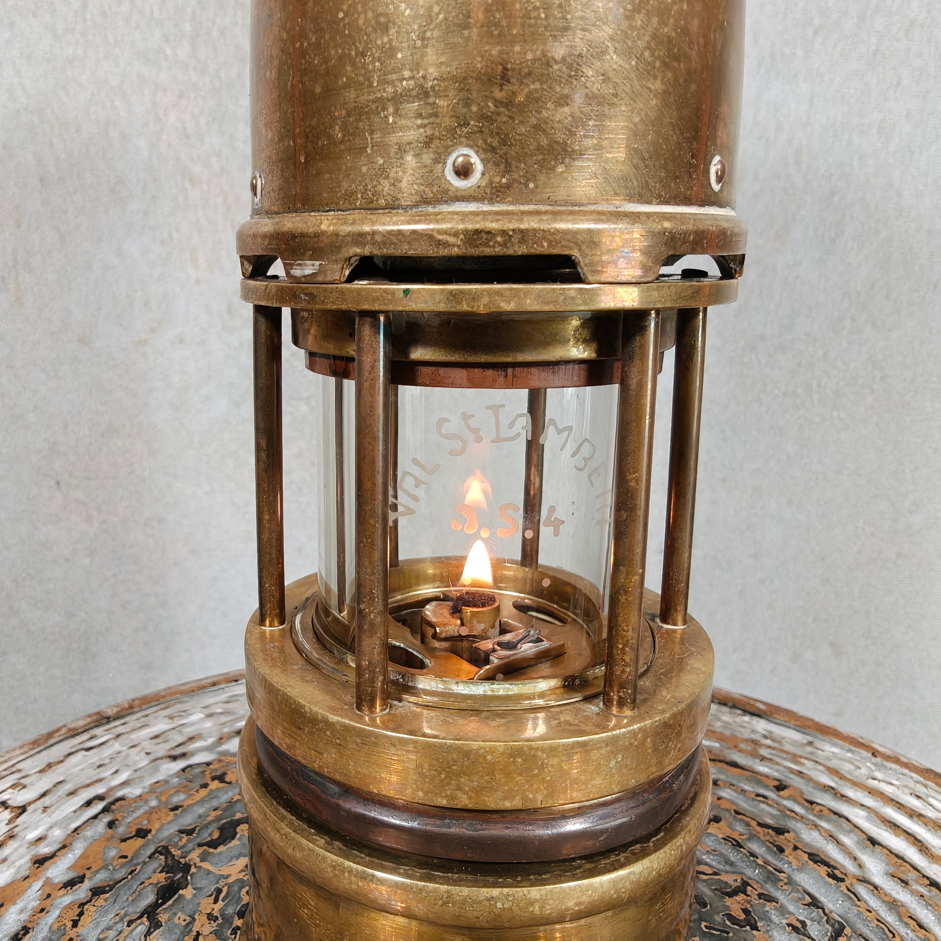 Vintage Belgian Miner’s Lamp by Hubert Joris with Val Saint Lambert Glass – Master Miner Oil Lamp