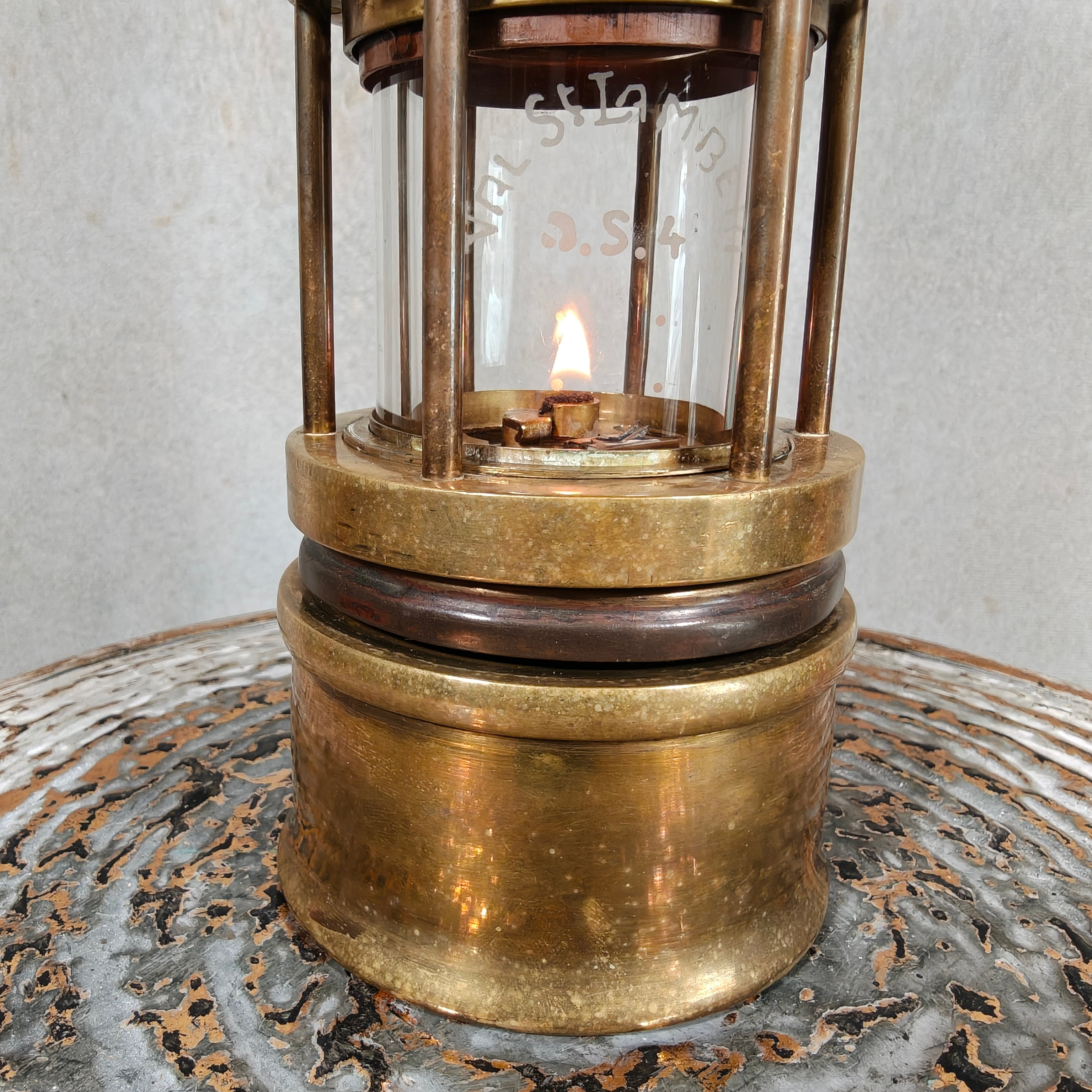 Vintage Belgian Miner’s Lamp by Hubert Joris with Val Saint Lambert Glass – Master Miner Oil Lamp