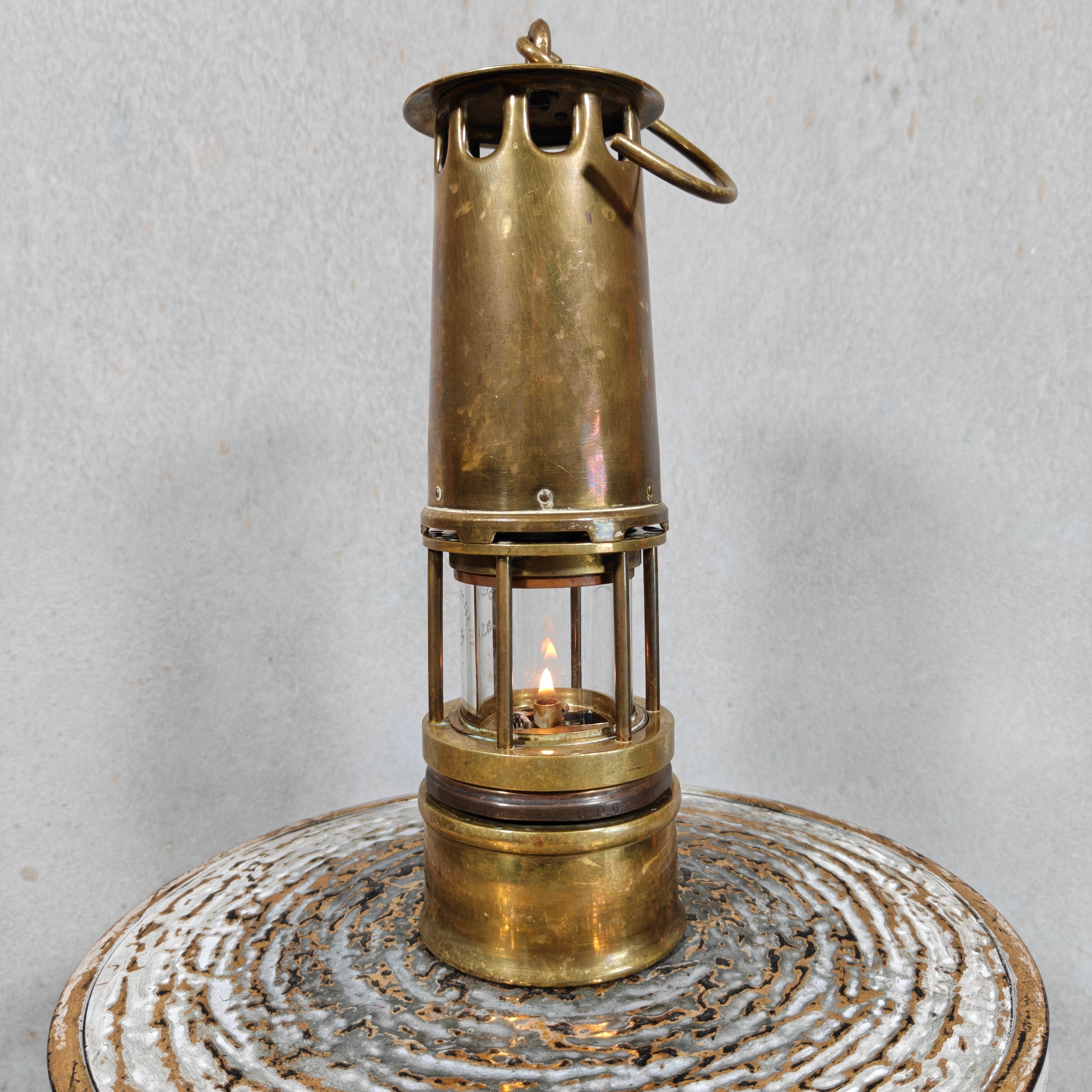 Vintage Belgian Miner’s Lamp by Hubert Joris with Val Saint Lambert Glass – Master Miner Oil Lamp