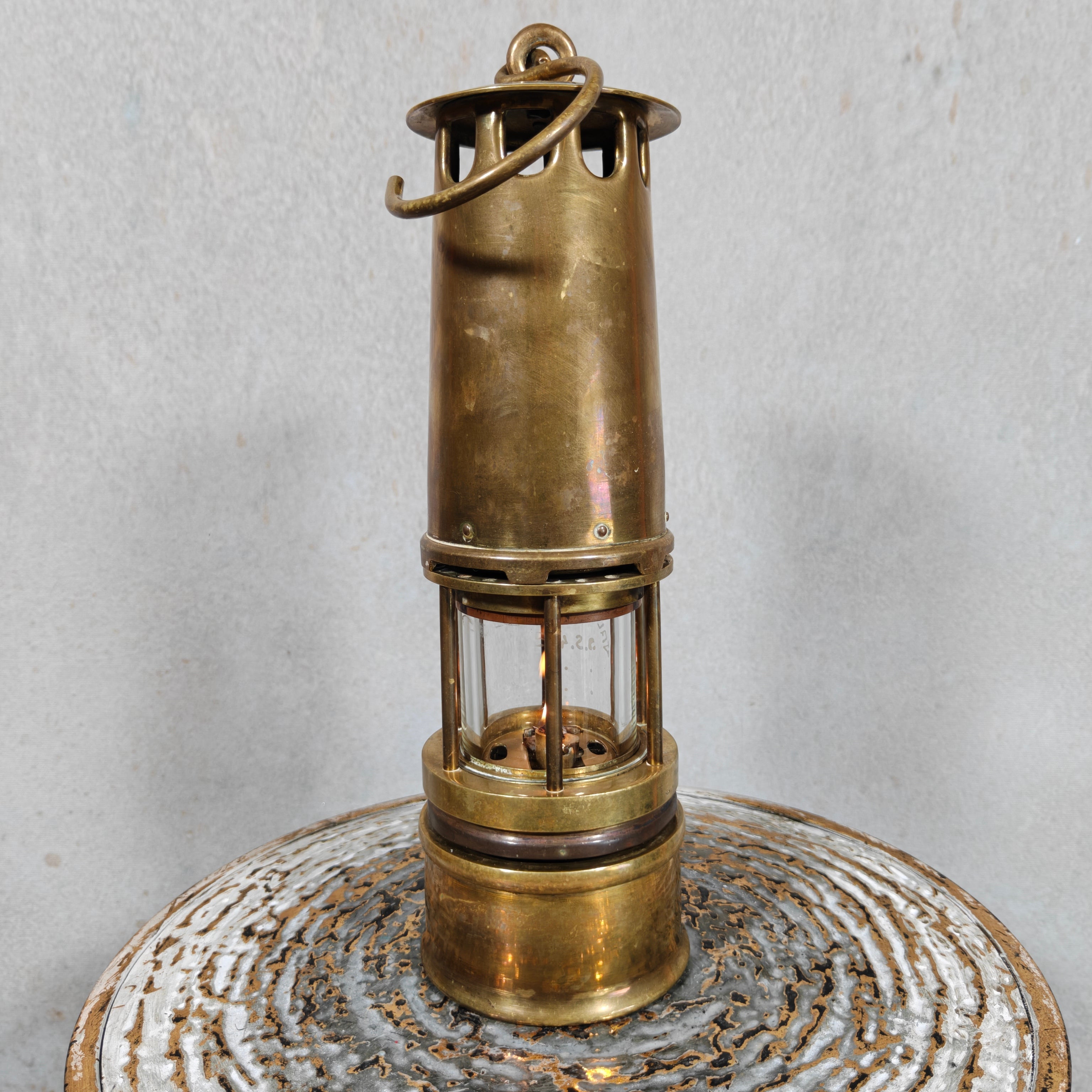 Vintage Belgian Miner’s Lamp by Hubert Joris with Val Saint Lambert Glass – Master Miner Oil Lamp