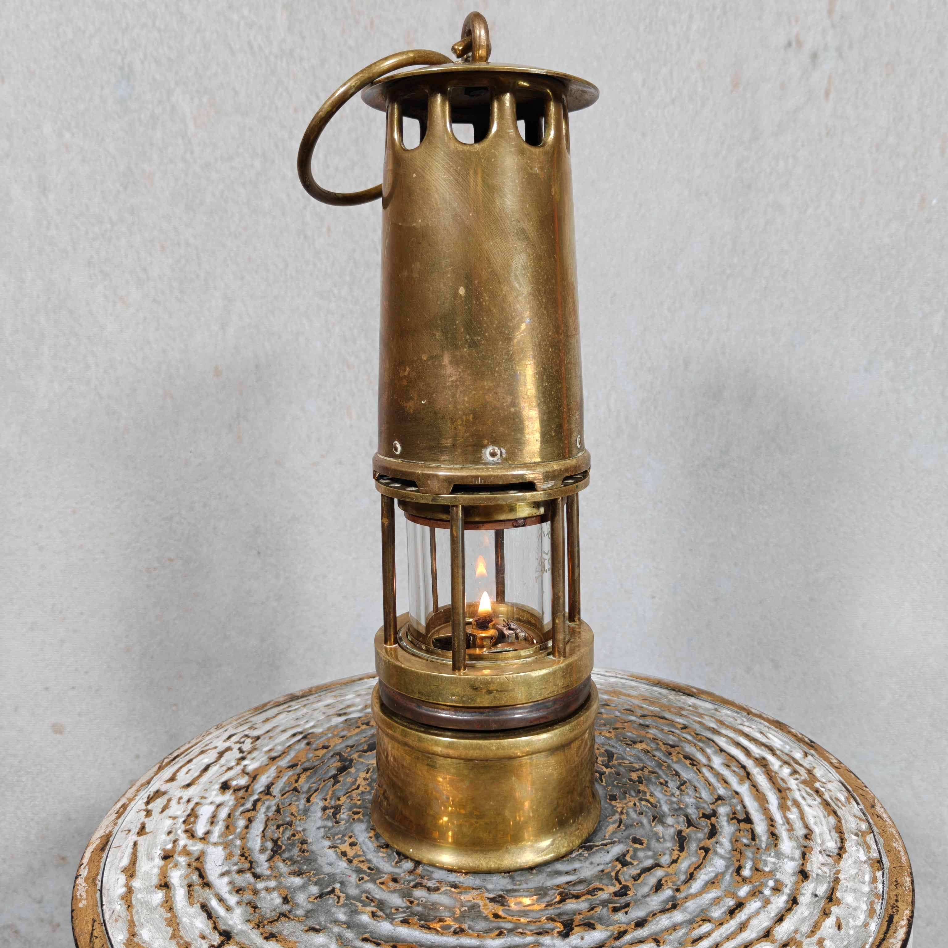 Vintage Belgian Miner’s Lamp by Hubert Joris with Val Saint Lambert Glass – Master Miner Oil Lamp
