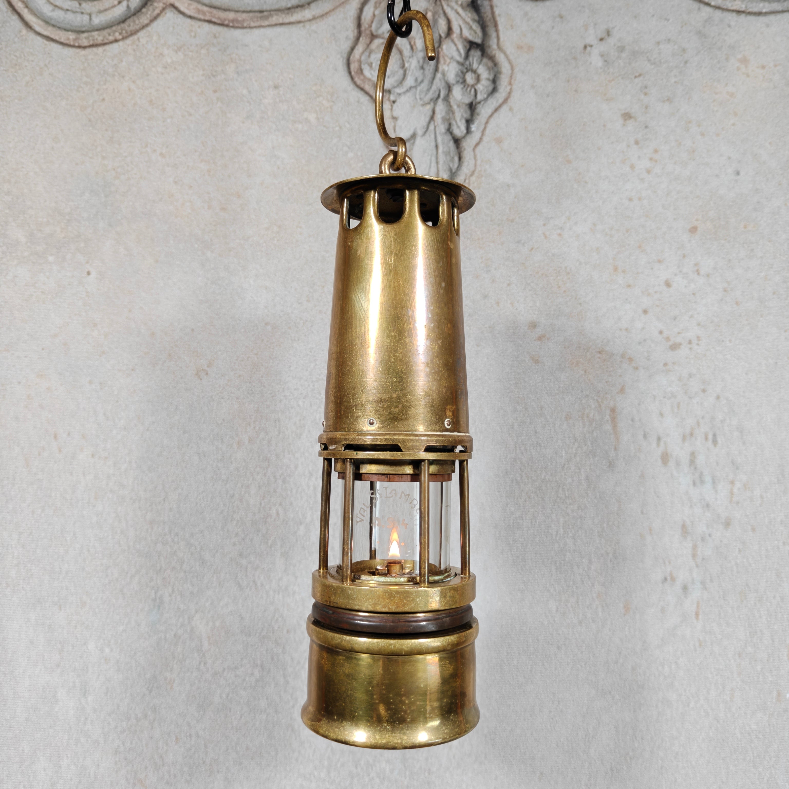 Vintage Belgian Miner’s Lamp by Hubert Joris with Val Saint Lambert Glass – Master Miner Oil Lamp