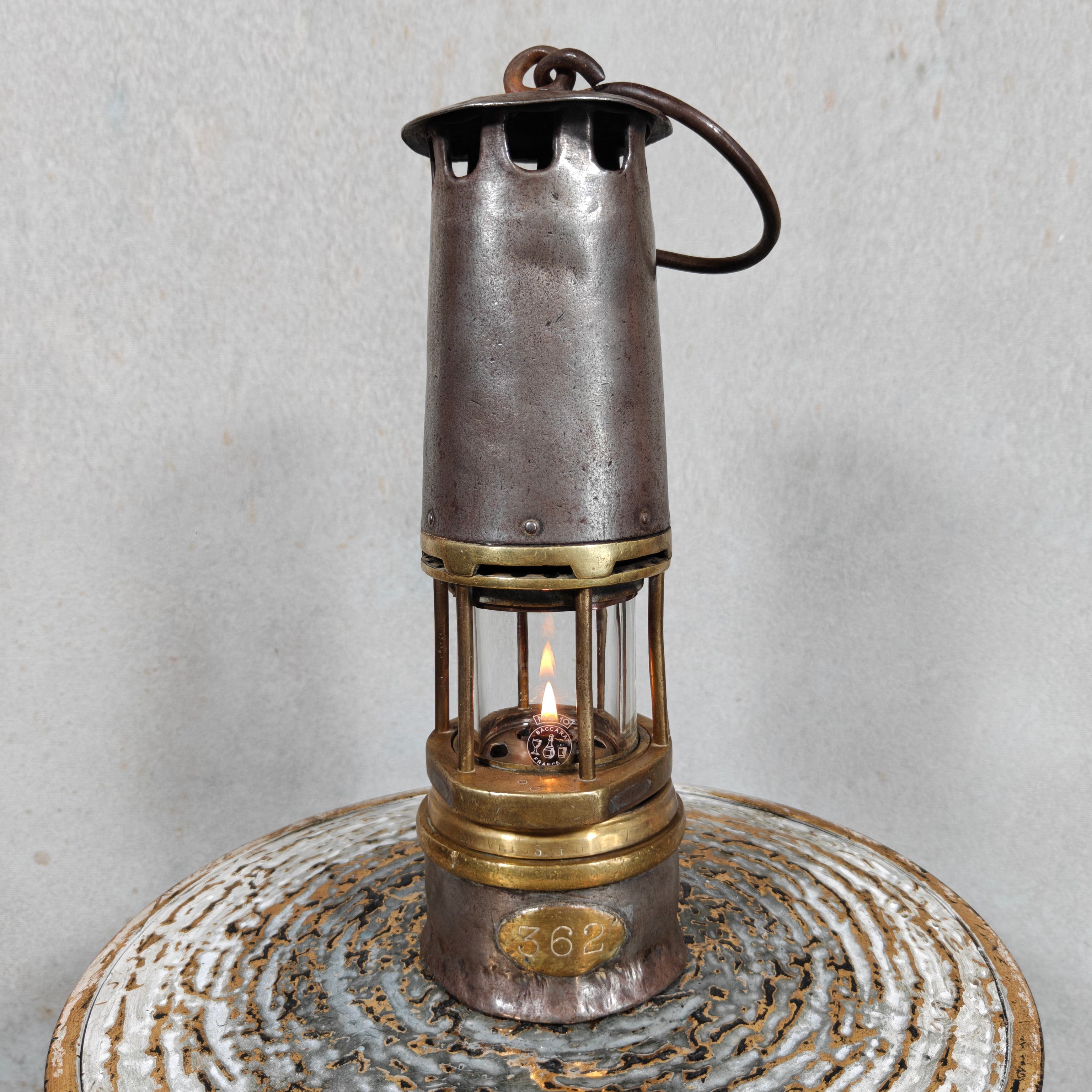 Antique Hubert Joris Miner’s Lamp with Baccarat MC10 Glass – Belgian Mining Oil Lamp circa 1900