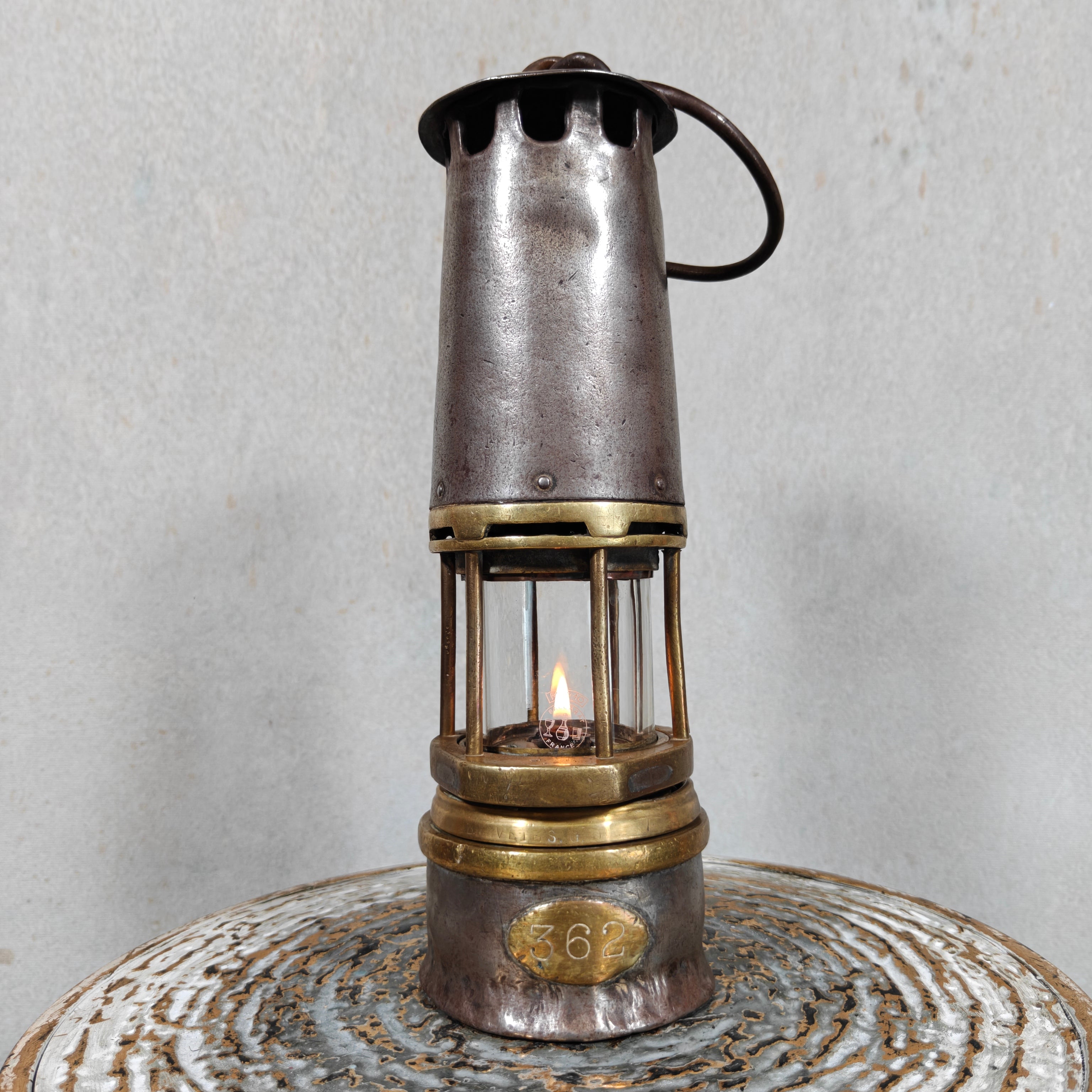 Antique Hubert Joris Miner’s Lamp with Baccarat MC10 Glass – Belgian Mining Oil Lamp circa 1900