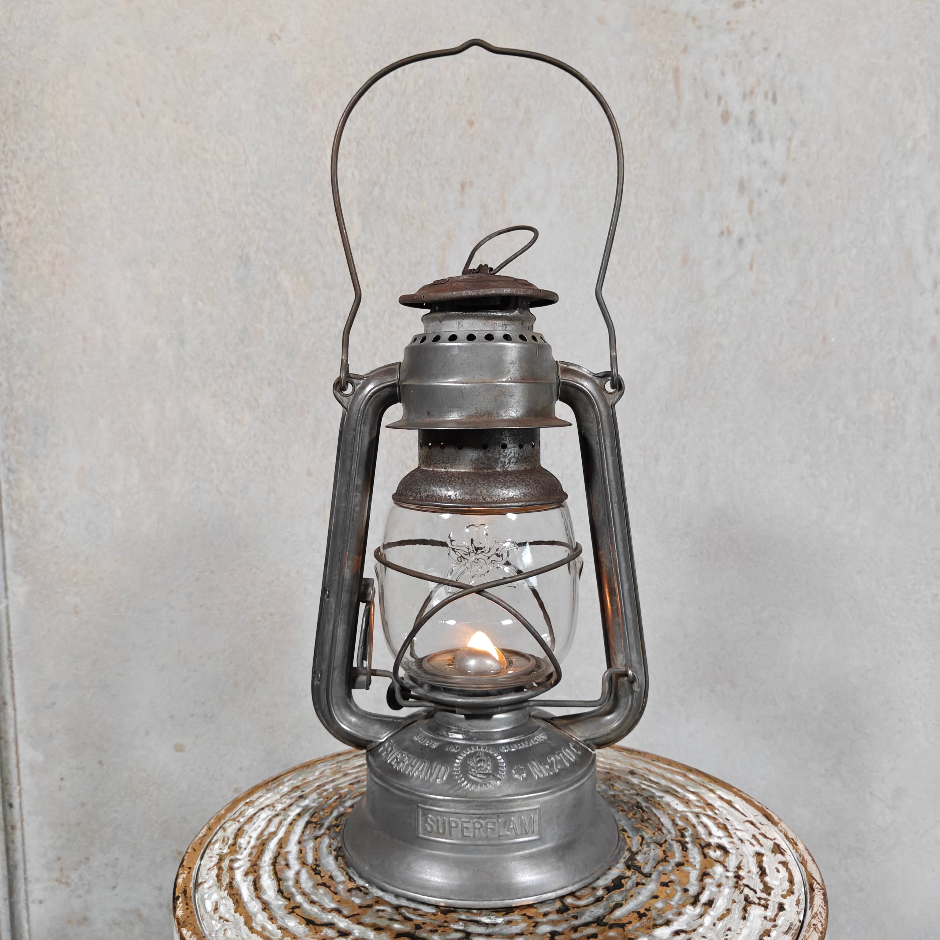 Rare Pre-War Feuerhand 270 Superflam Hurricane Lantern with Floral Glass – French Export Model