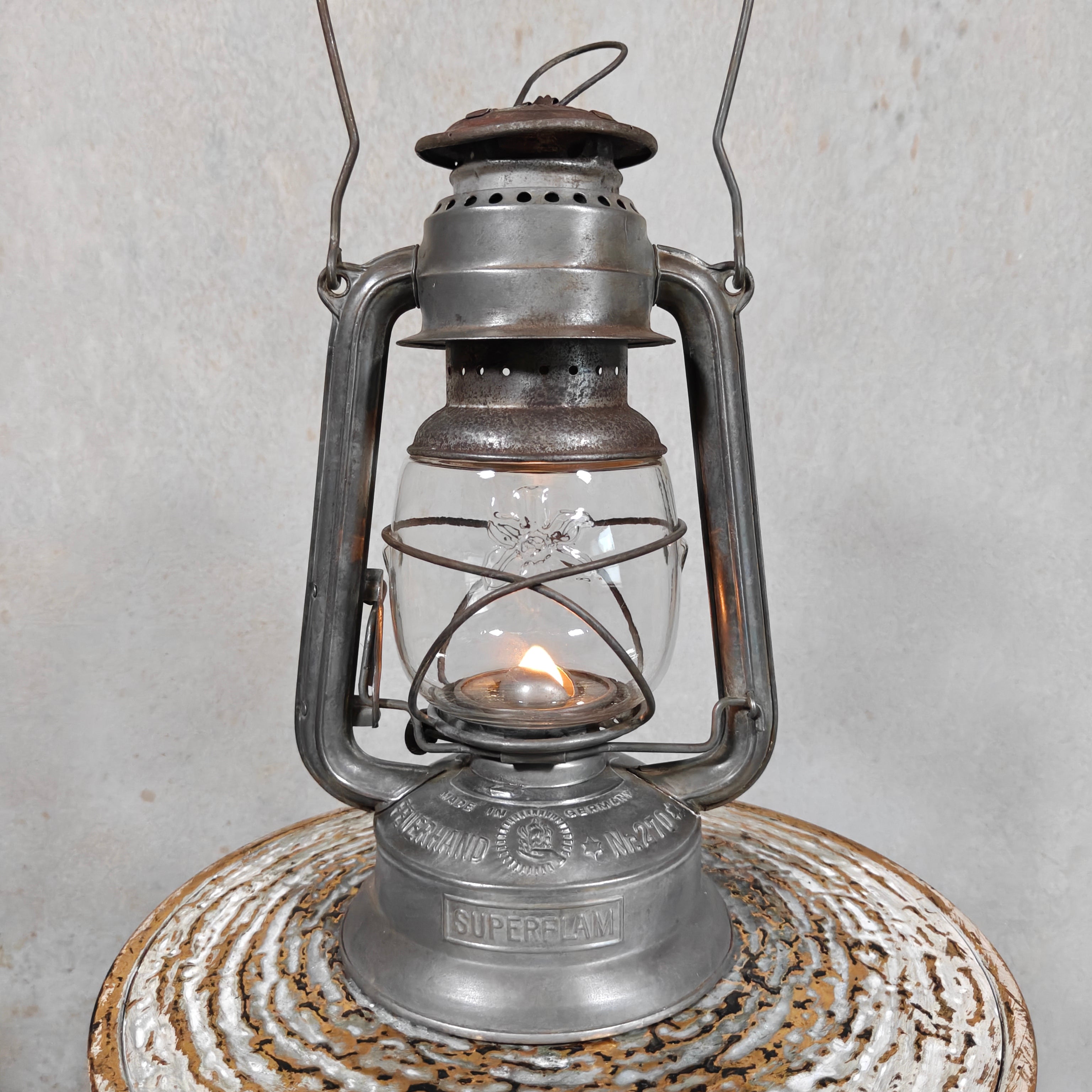 Rare Pre-War Feuerhand 270 Superflam Hurricane Lantern with Floral Glass – French Export Model