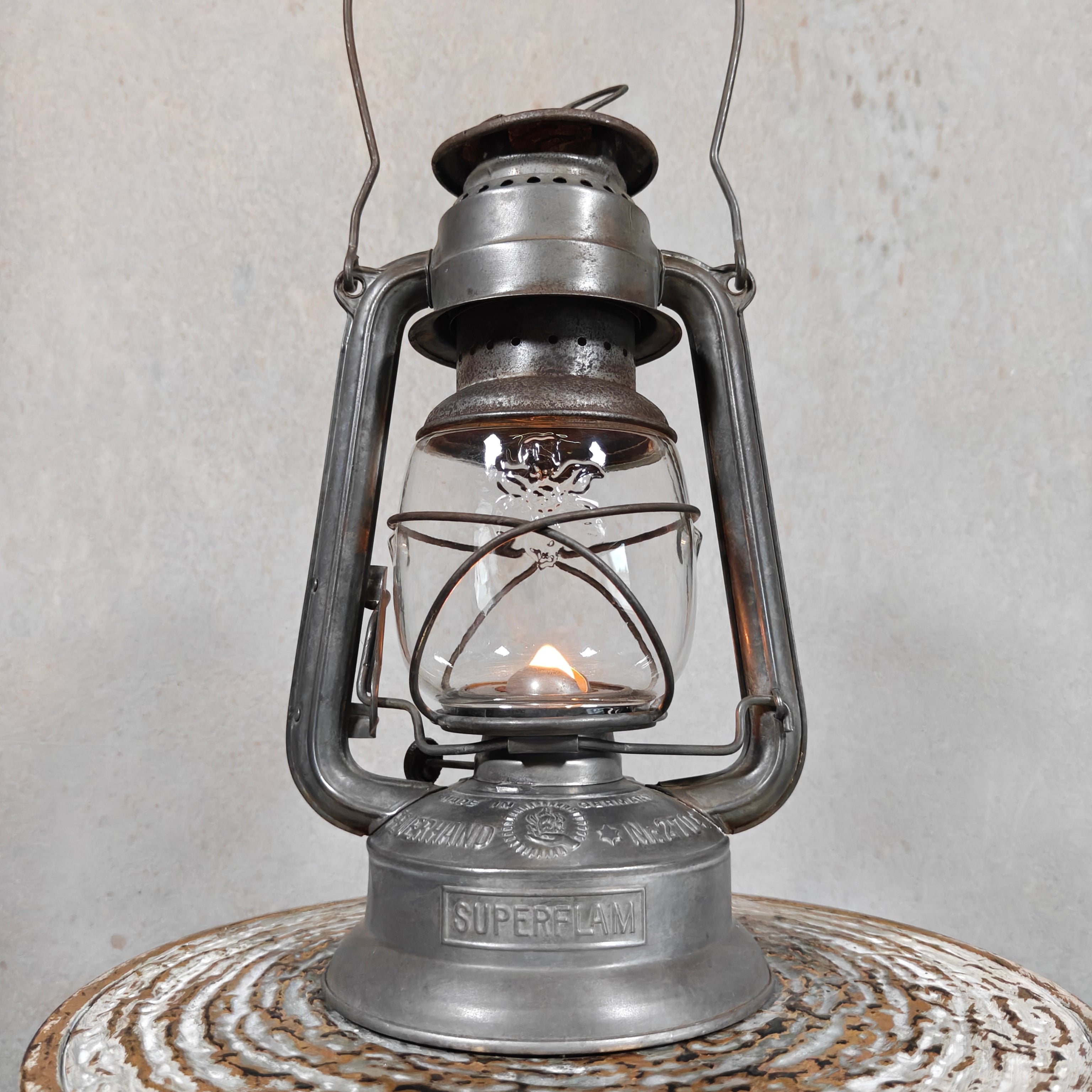 Rare Pre-War Feuerhand 270 Superflam Hurricane Lantern with Floral Glass – French Export Model