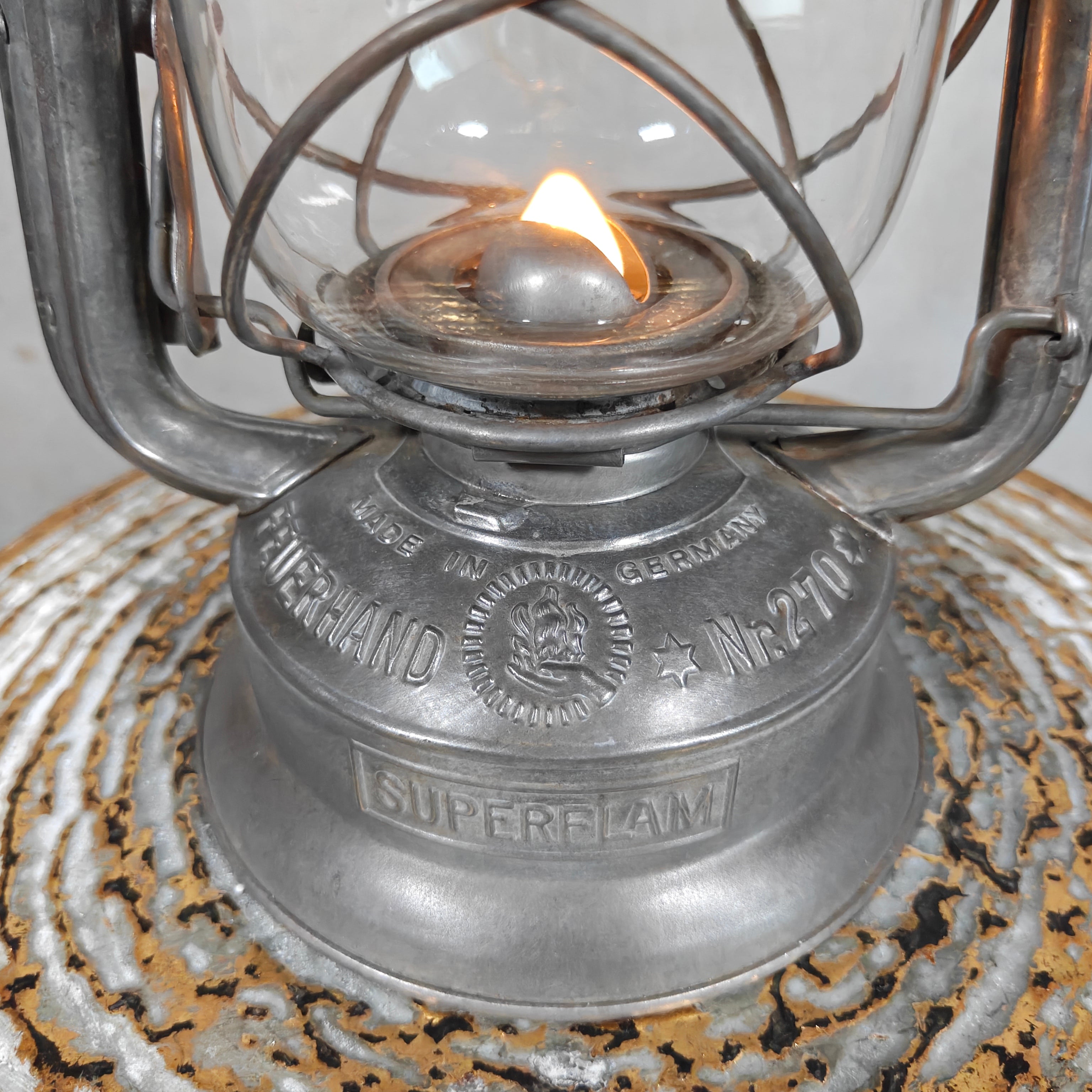 Rare Pre-War Feuerhand 270 Superflam Hurricane Lantern with Floral Glass – French Export Model