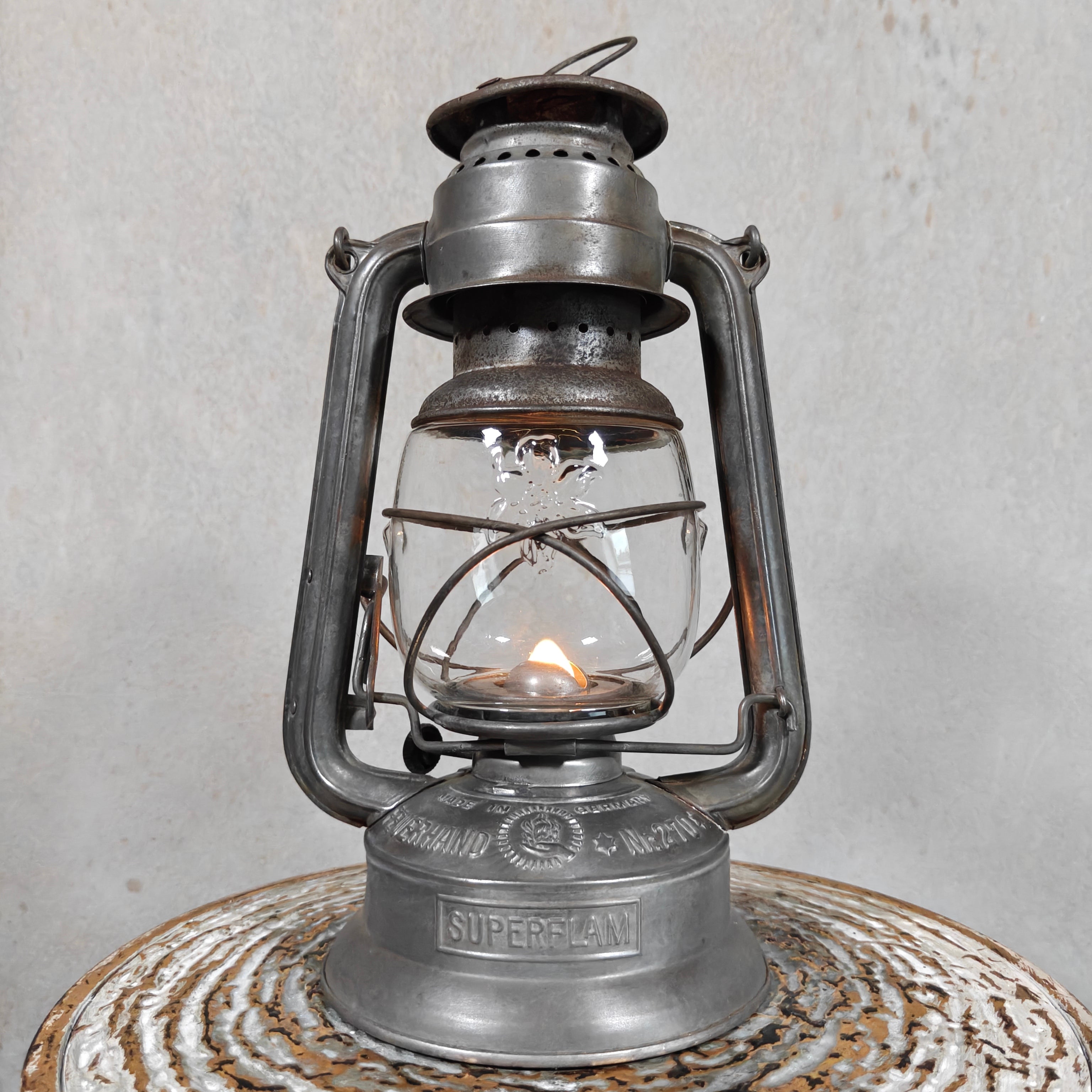 Rare Pre-War Feuerhand 270 Superflam Hurricane Lantern with Floral Glass – French Export Model