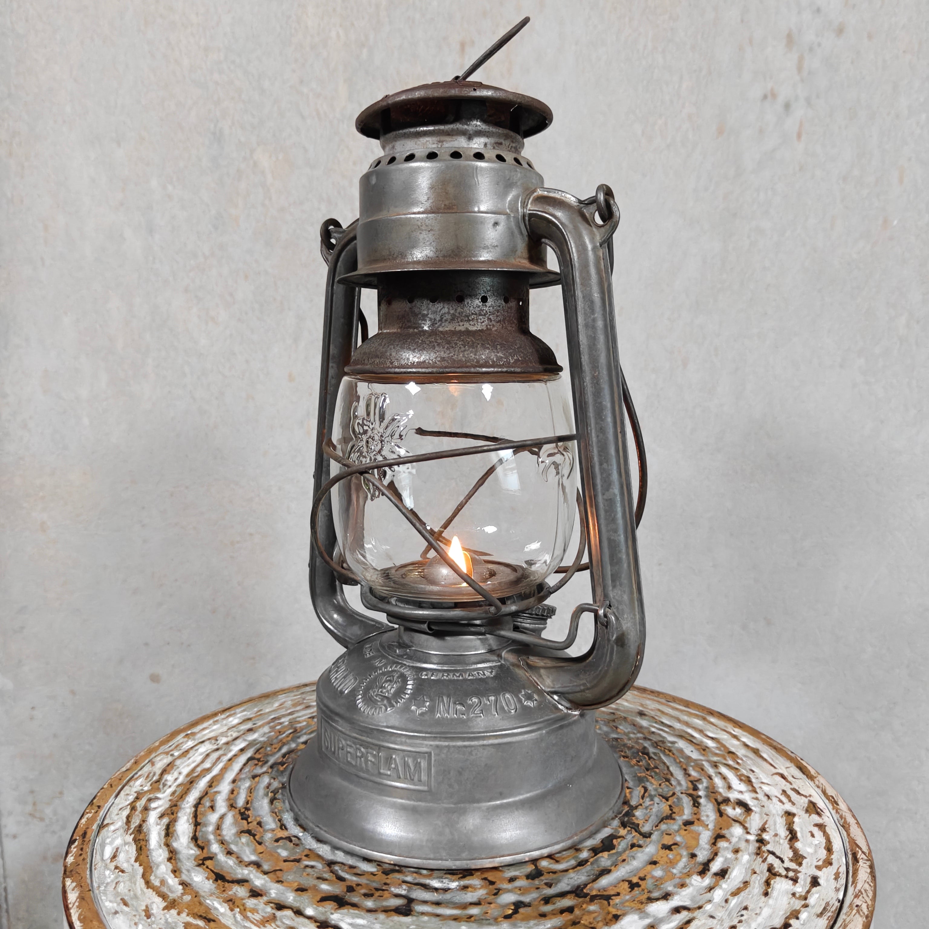 Rare Pre-War Feuerhand 270 Superflam Hurricane Lantern with Floral Glass – French Export Model