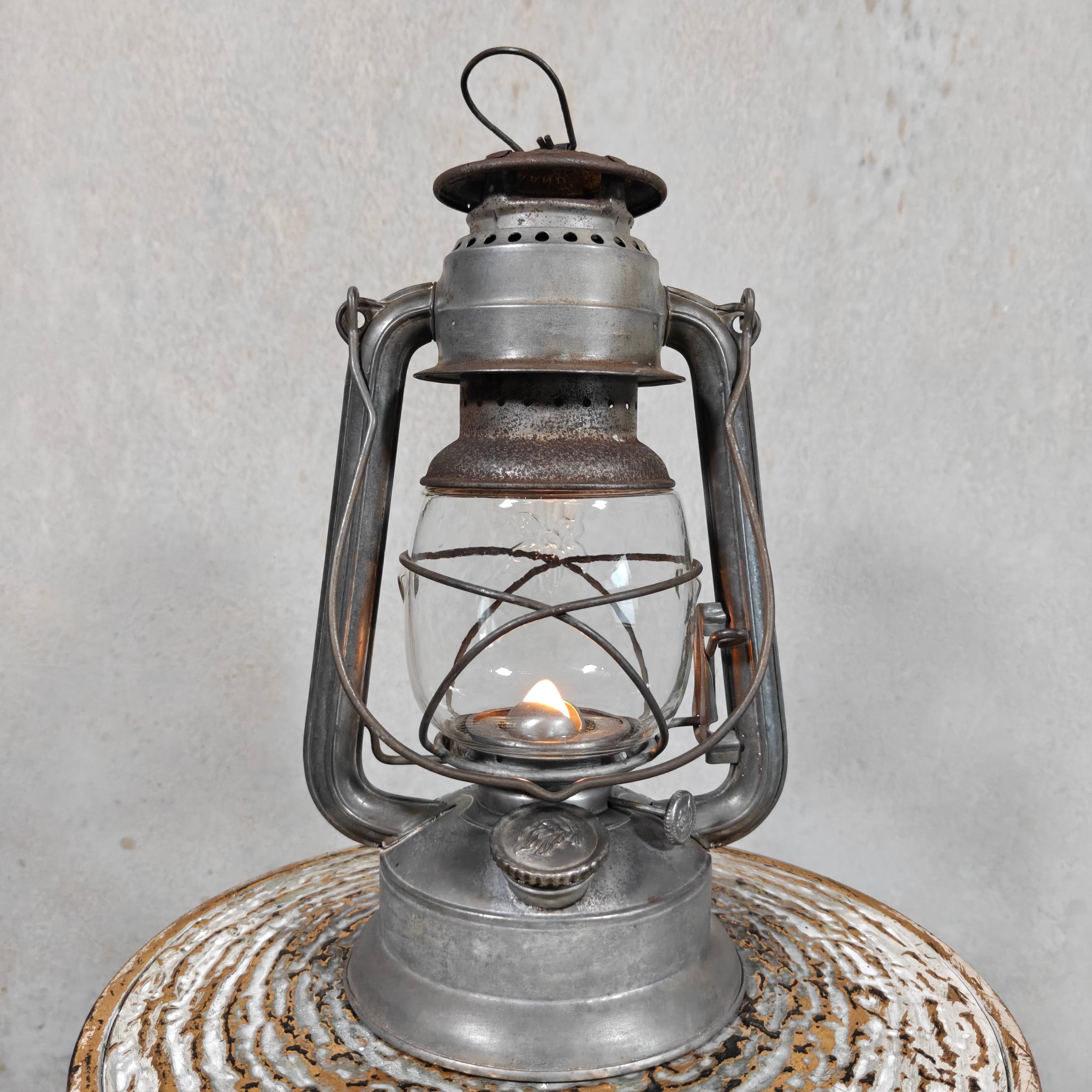 Rare Pre-War Feuerhand 270 Superflam Hurricane Lantern with Floral Glass – French Export Model