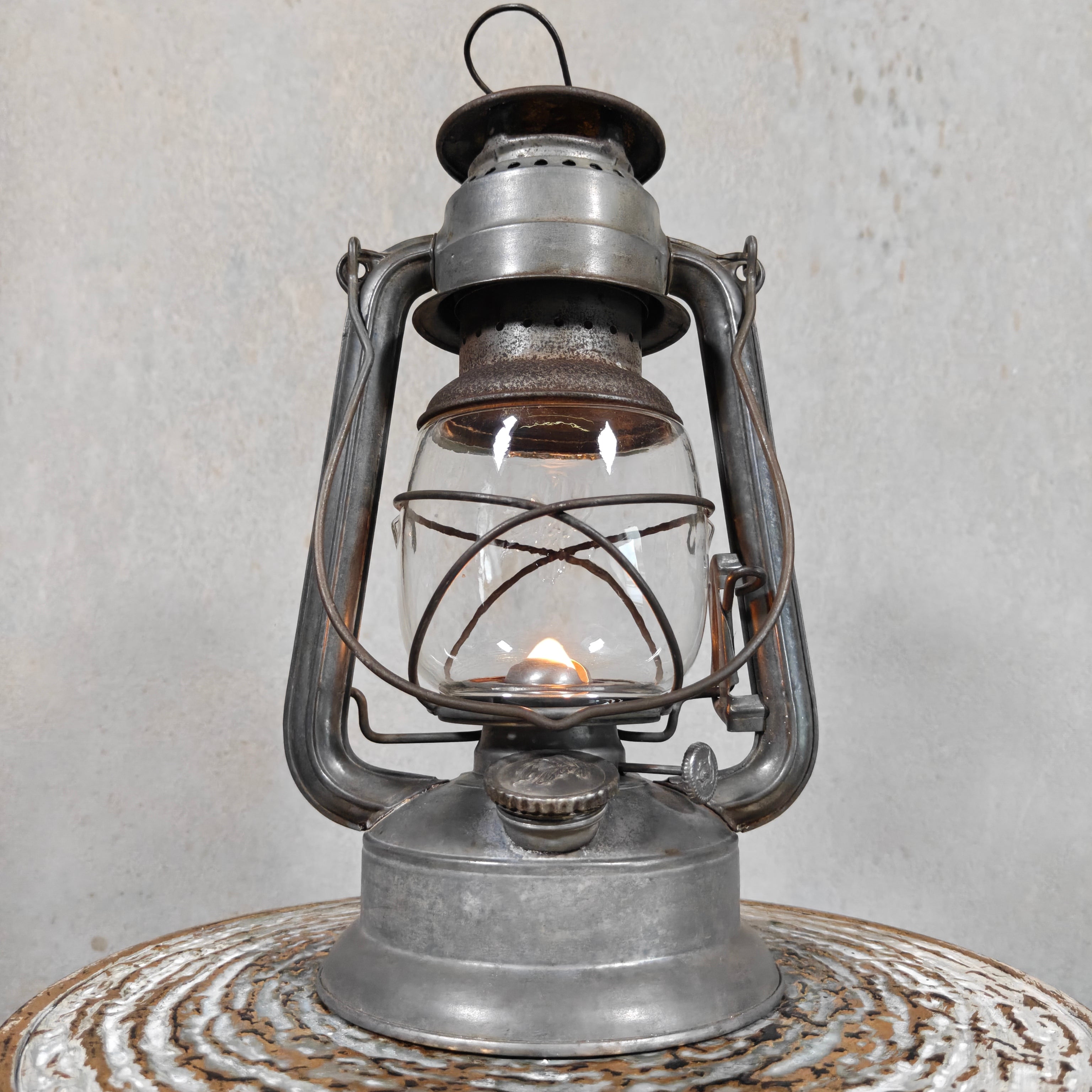 Rare Pre-War Feuerhand 270 Superflam Hurricane Lantern with Floral Glass – French Export Model