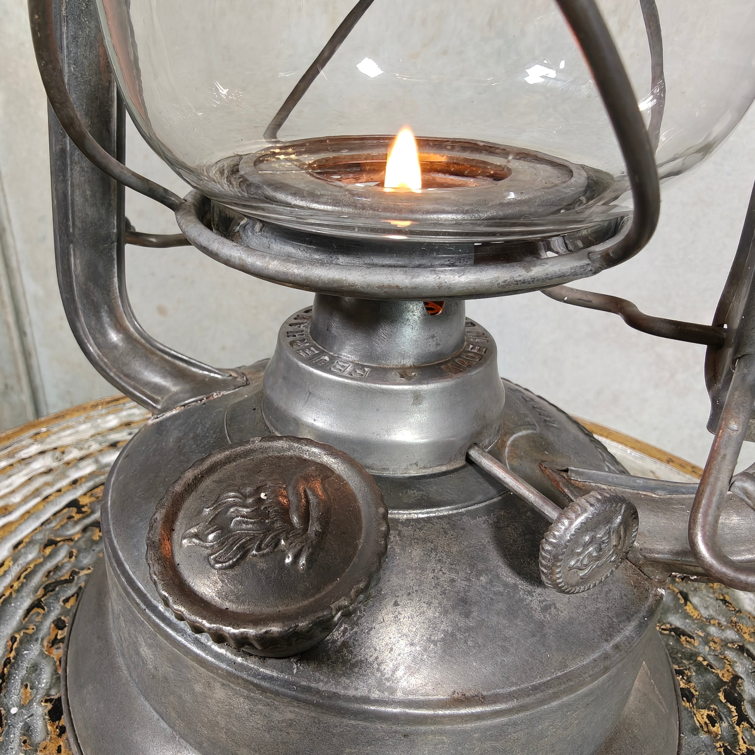 Rare Pre-War Feuerhand 270 Superflam Hurricane Lantern with Floral Glass – French Export Model