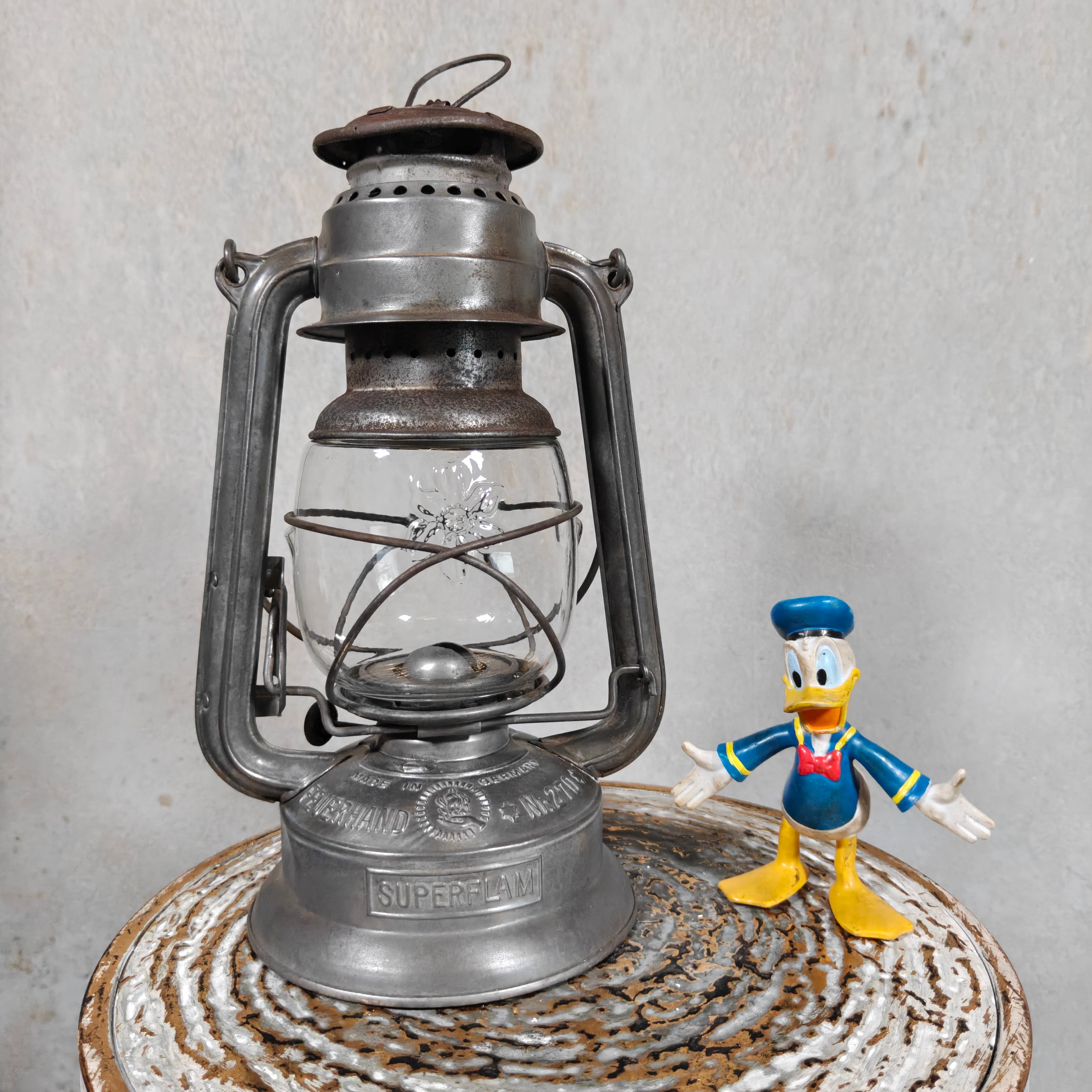 Rare Pre-War Feuerhand 270 Superflam Hurricane Lantern with Floral Glass – French Export Model