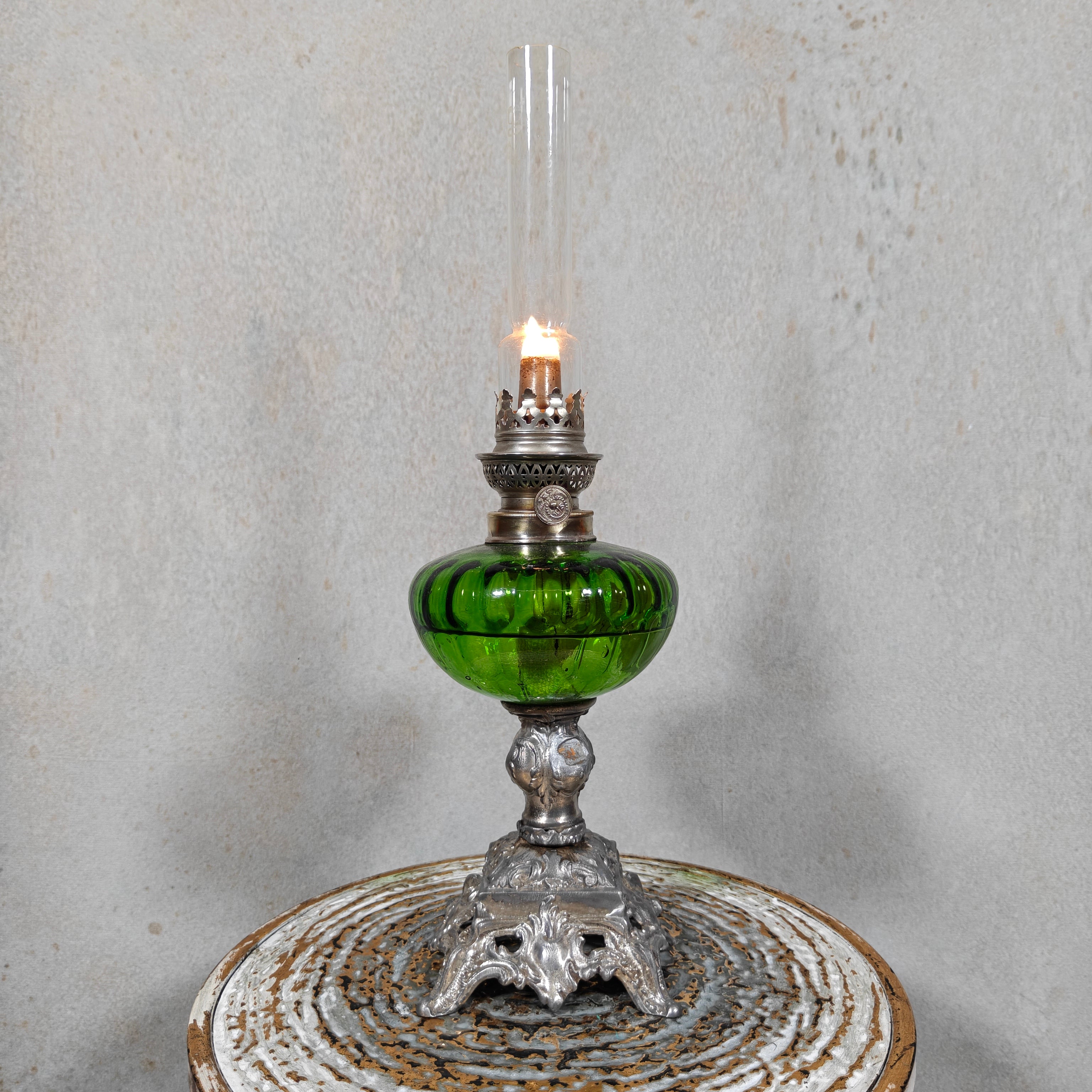 Large Vintage Oil Lamp – Hugo Schneider Burner – Green Reservoir – 1930s