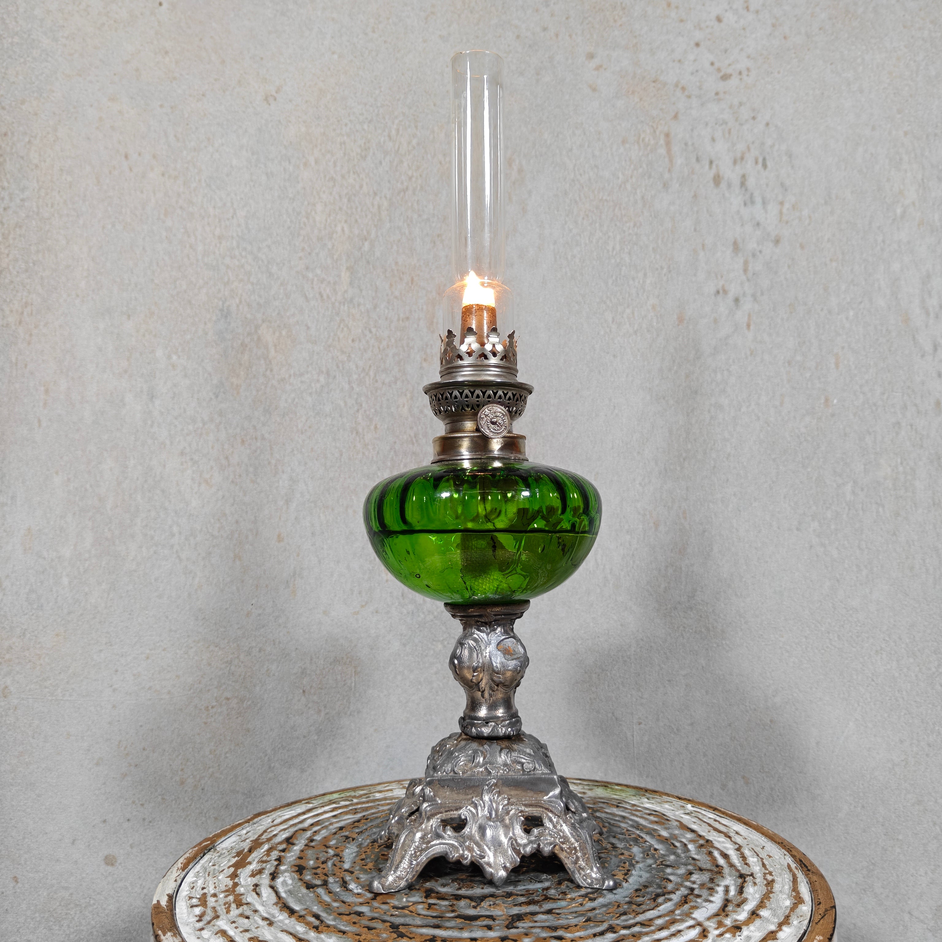 Large Vintage Oil Lamp – Hugo Schneider Burner – Green Reservoir – 1930s